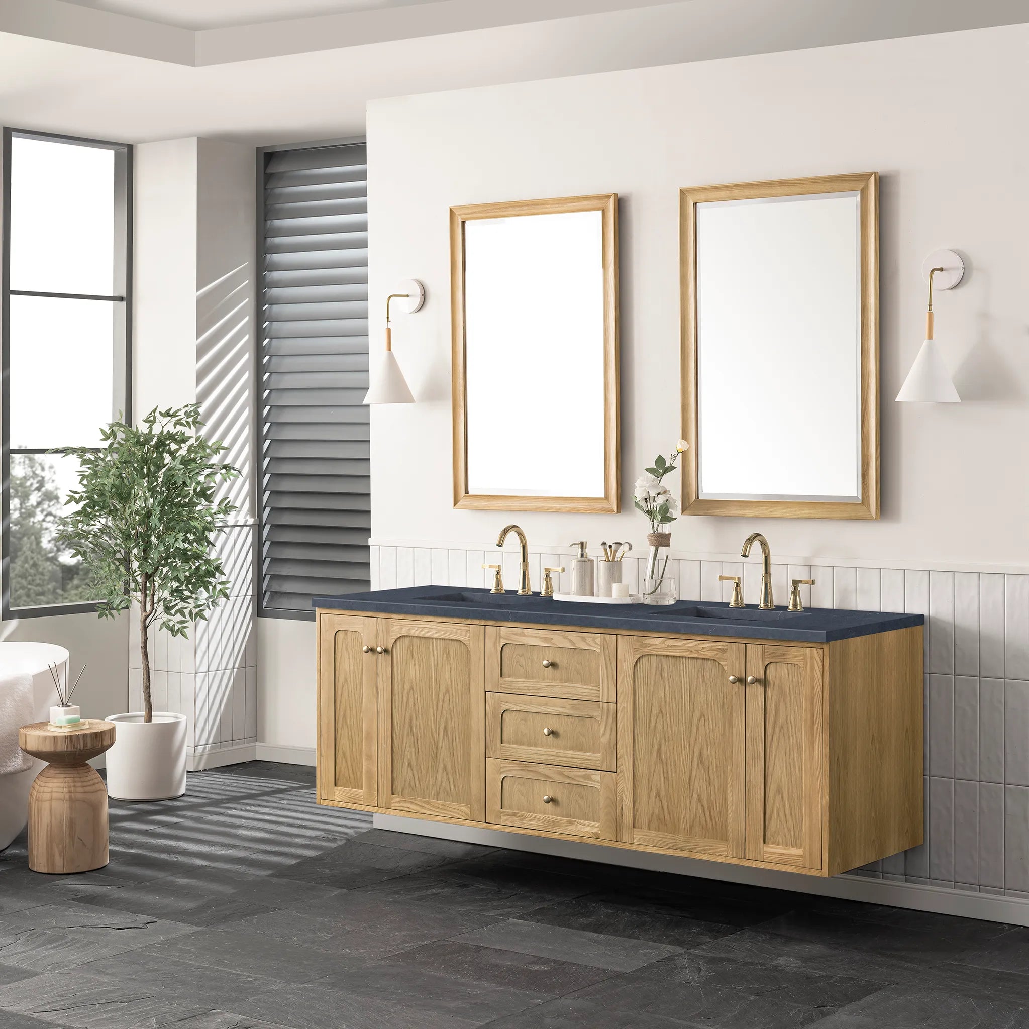 72" Laurent Double Vanity in Light Natural Oak-Charcoal Soapstone Silestone-8" Widespread image 5