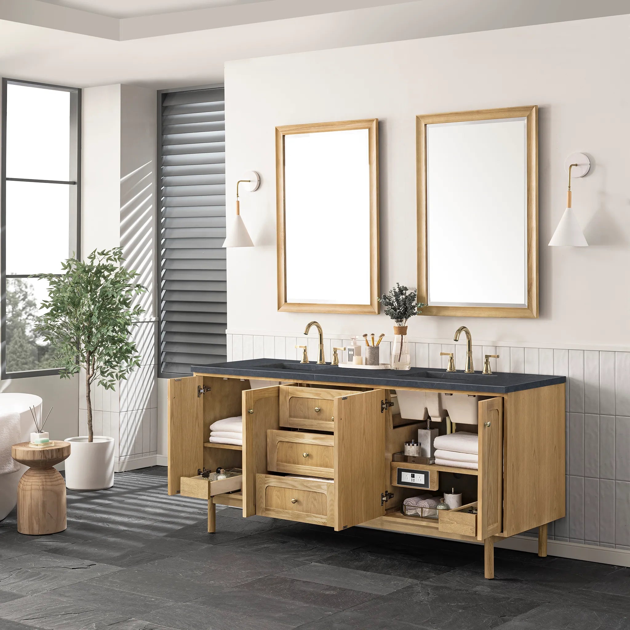 72" Laurent Double Vanity in Light Natural Oak-Charcoal Soapstone Silestone-8" Widespread image 6