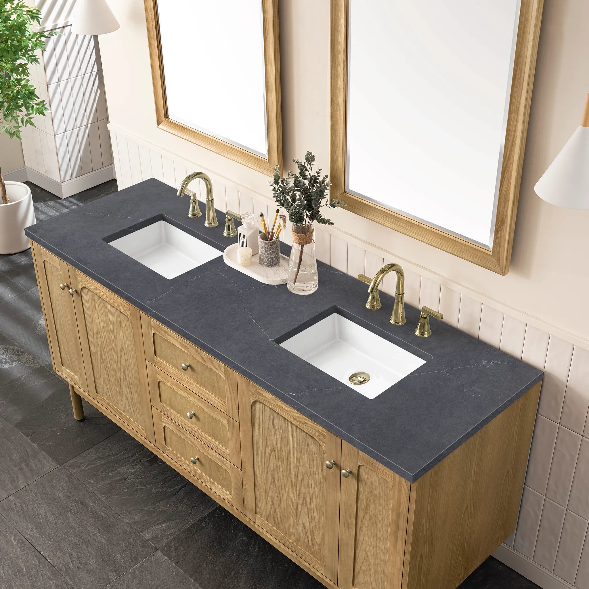 72" Laurent Double Vanity in Light Natural Oak-Charcoal Soapstone Silestone-8" Widespread image 8