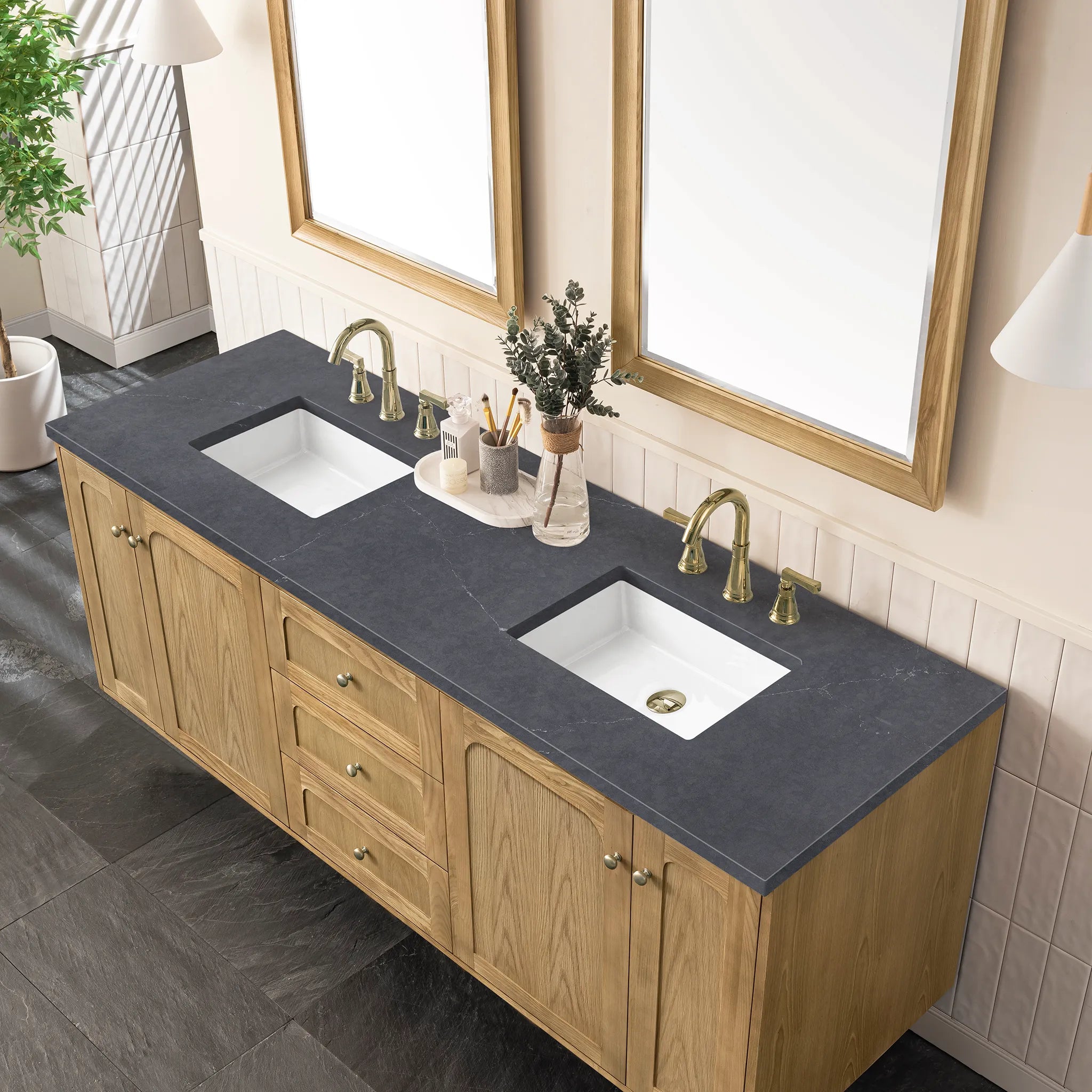 72" Laurent Double Vanity in Light Natural Oak-Charcoal Soapstone Silestone-8" Widespread image 9