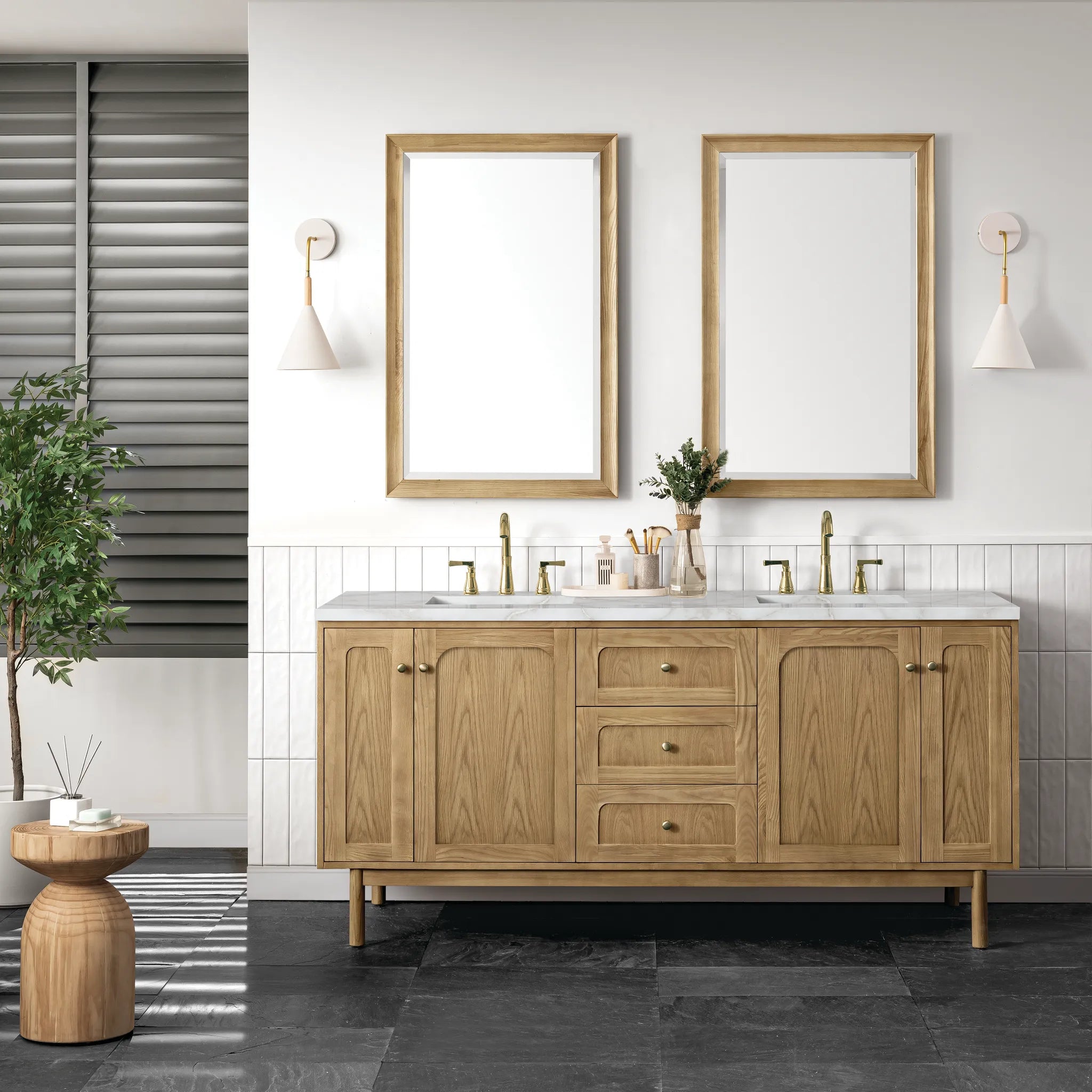 72" Laurent Double Vanity in Light Natural Oak-Victorian Silver Silestone-8" Widespread image 2
