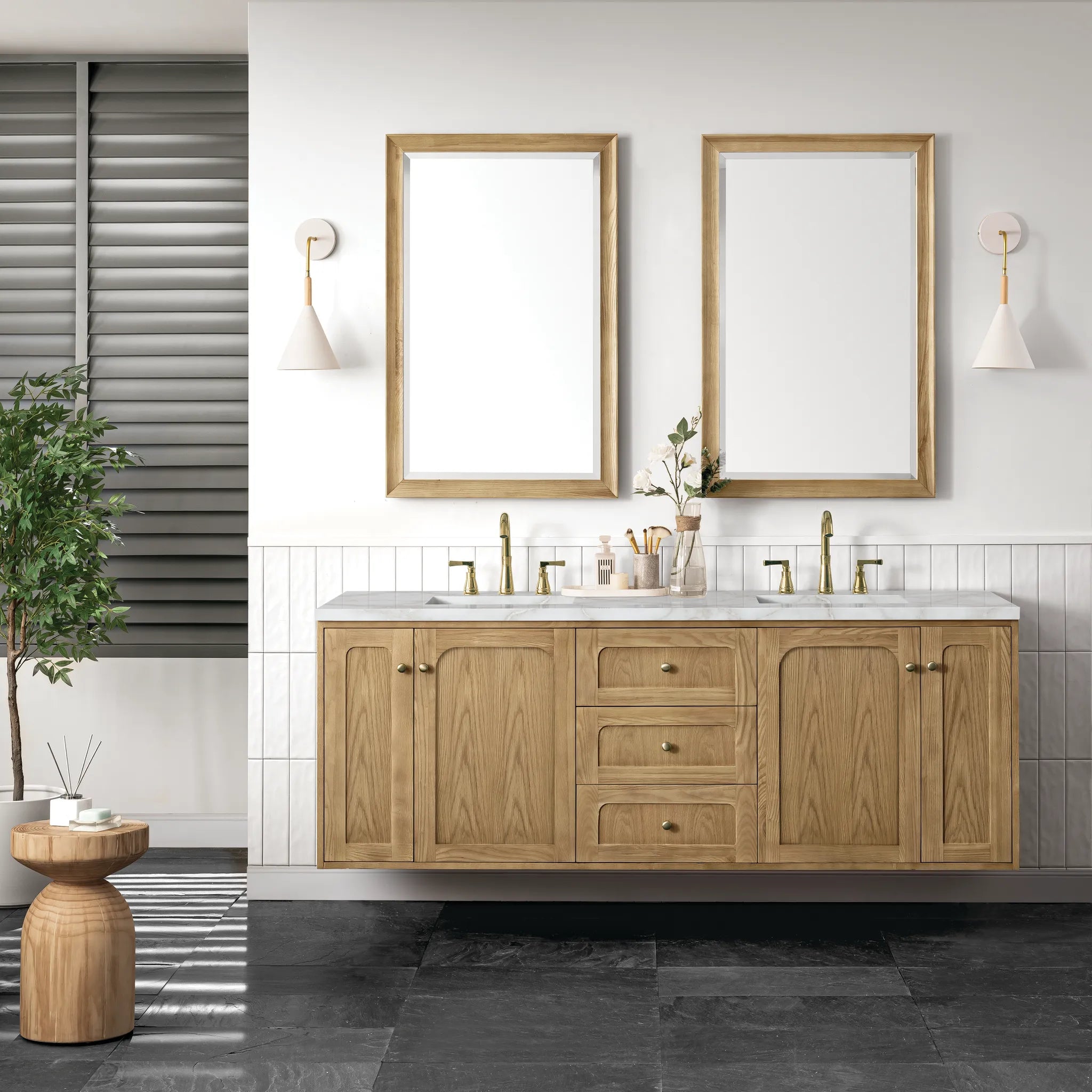 72" Laurent Double Vanity in Light Natural Oak-Victorian Silver Silestone-8" Widespread image 3