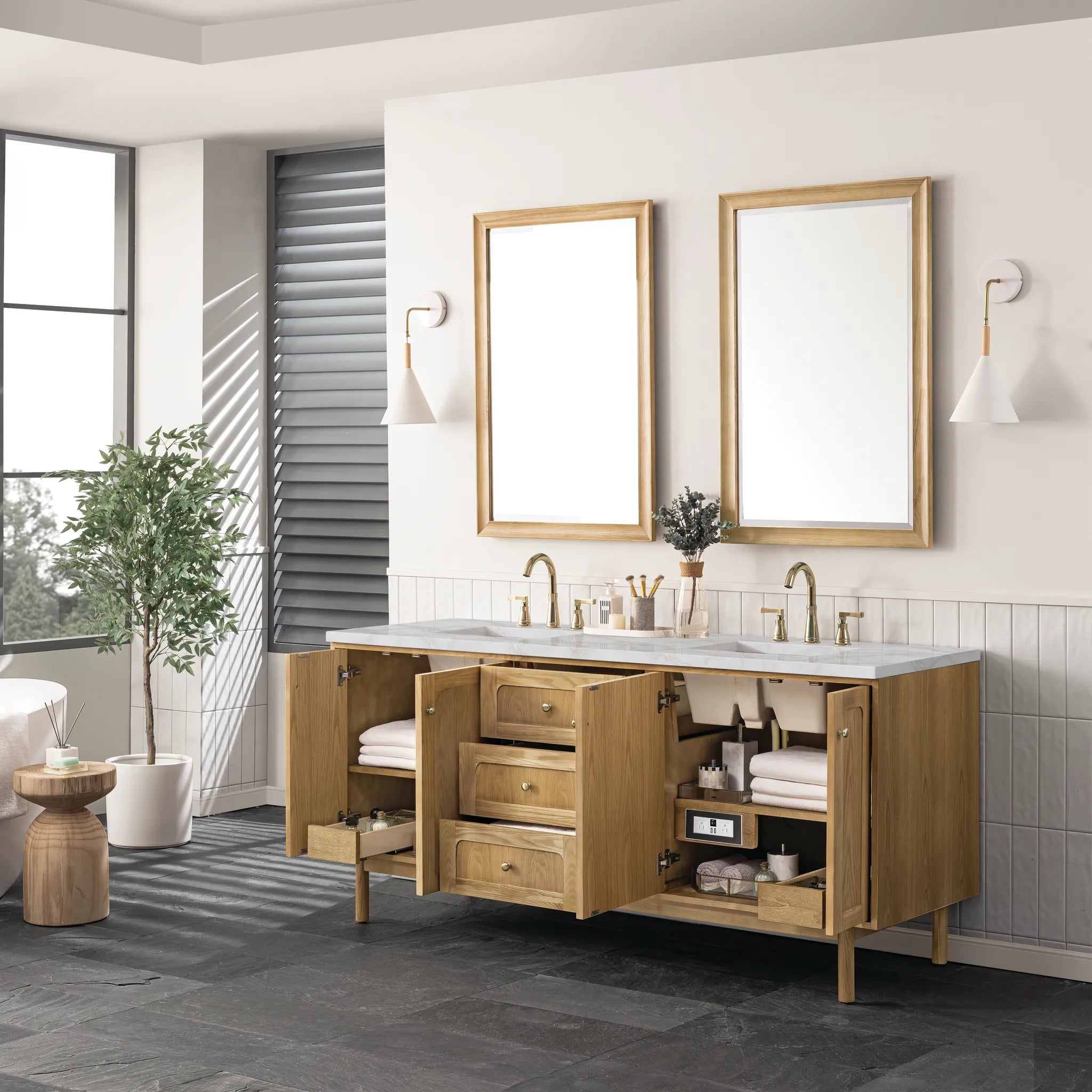 72" Laurent Double Vanity in Light Natural Oak-Victorian Silver Silestone-8" Widespread image 6