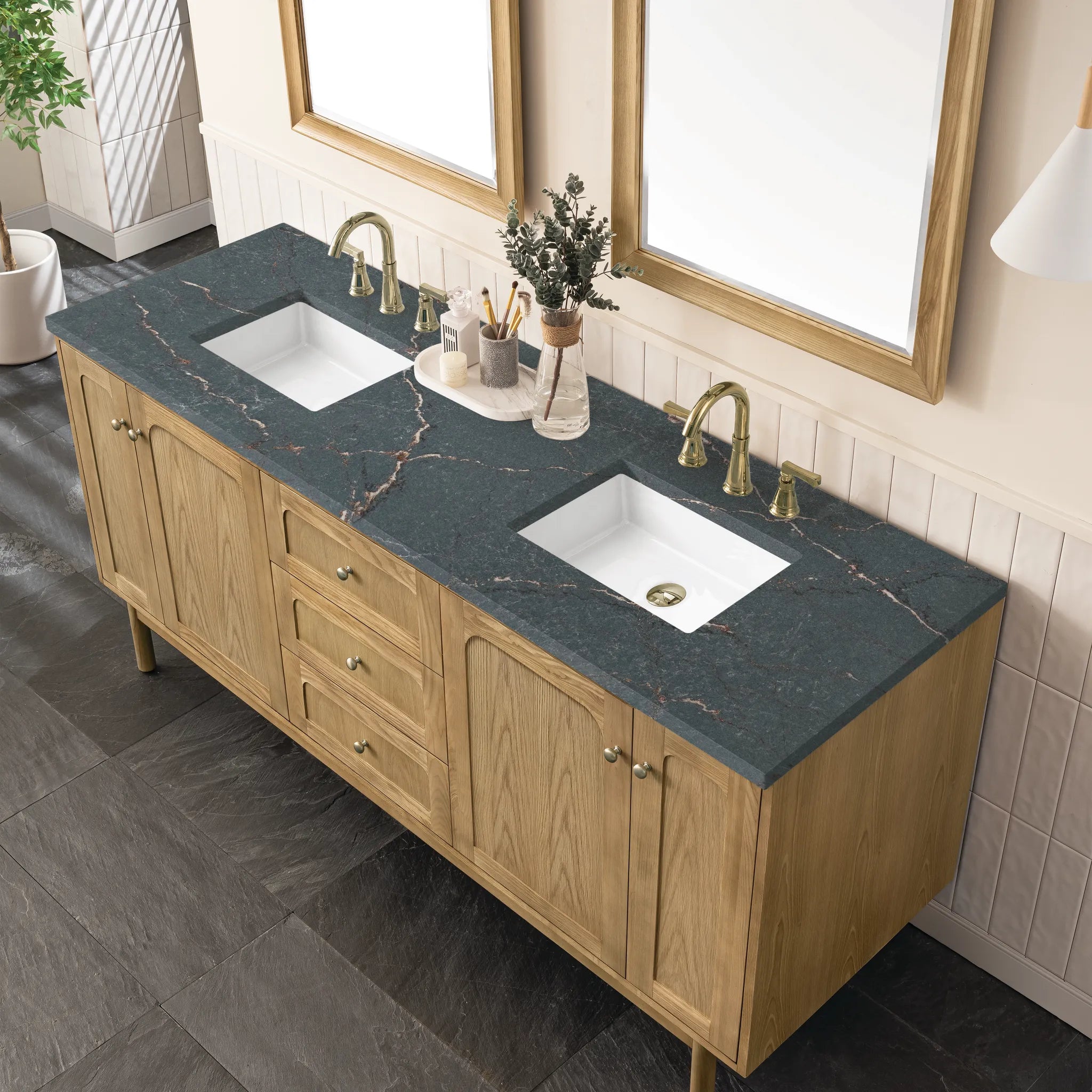 72" Laurent Double Vanity in Light Natural Oak w/FreePower Wireless Charger-Parisien Bleu Silestone-8" Widespread image 11