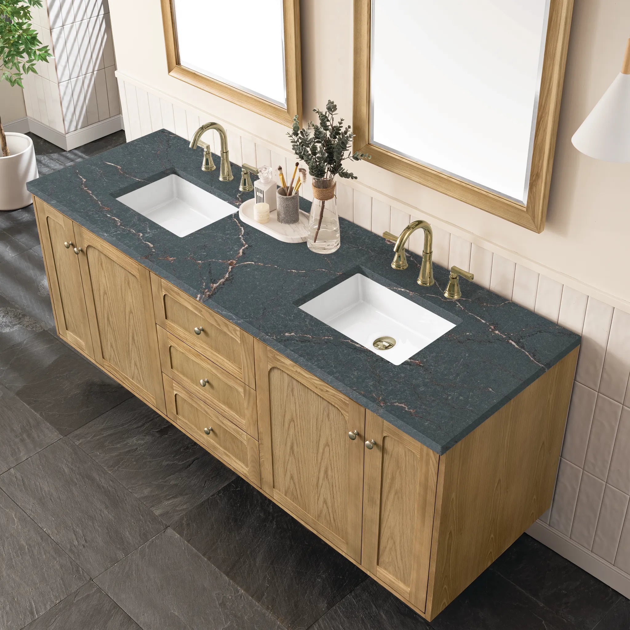 72" Laurent Double Vanity in Light Natural Oak w/FreePower Wireless Charger-Parisien Bleu Silestone-8" Widespread image 12