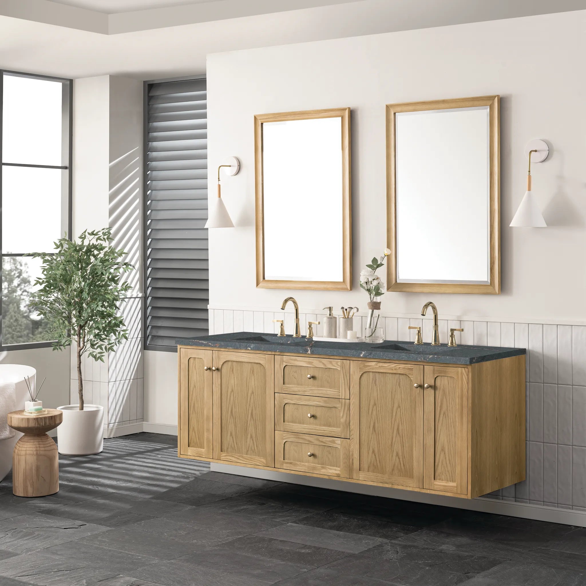 72" Laurent Double Vanity in Light Natural Oak w/FreePower Wireless Charger-Parisien Bleu Silestone-8" Widespread image 8