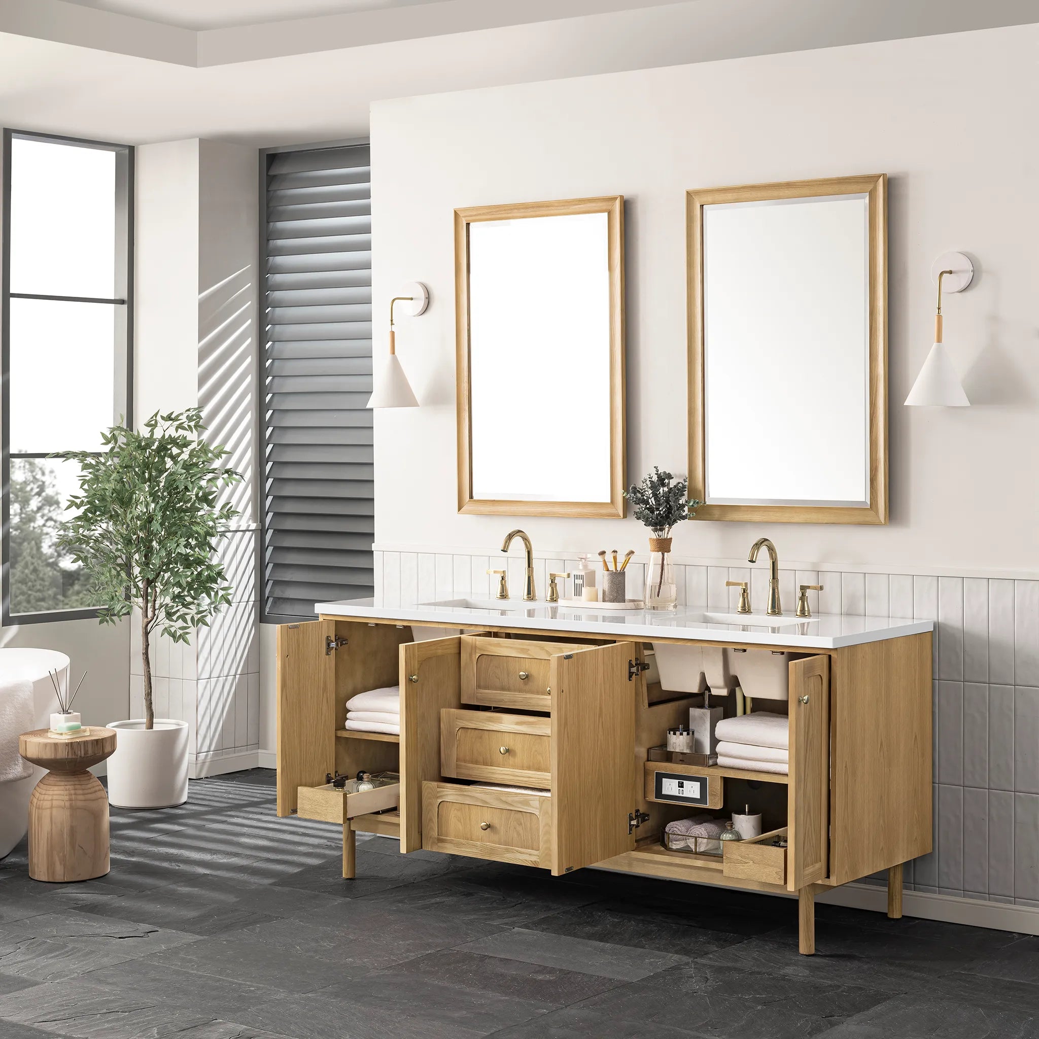 72" Laurent Double Vanity in Light Natural Oak-White Zeus Silestone-8" Widespread image 5