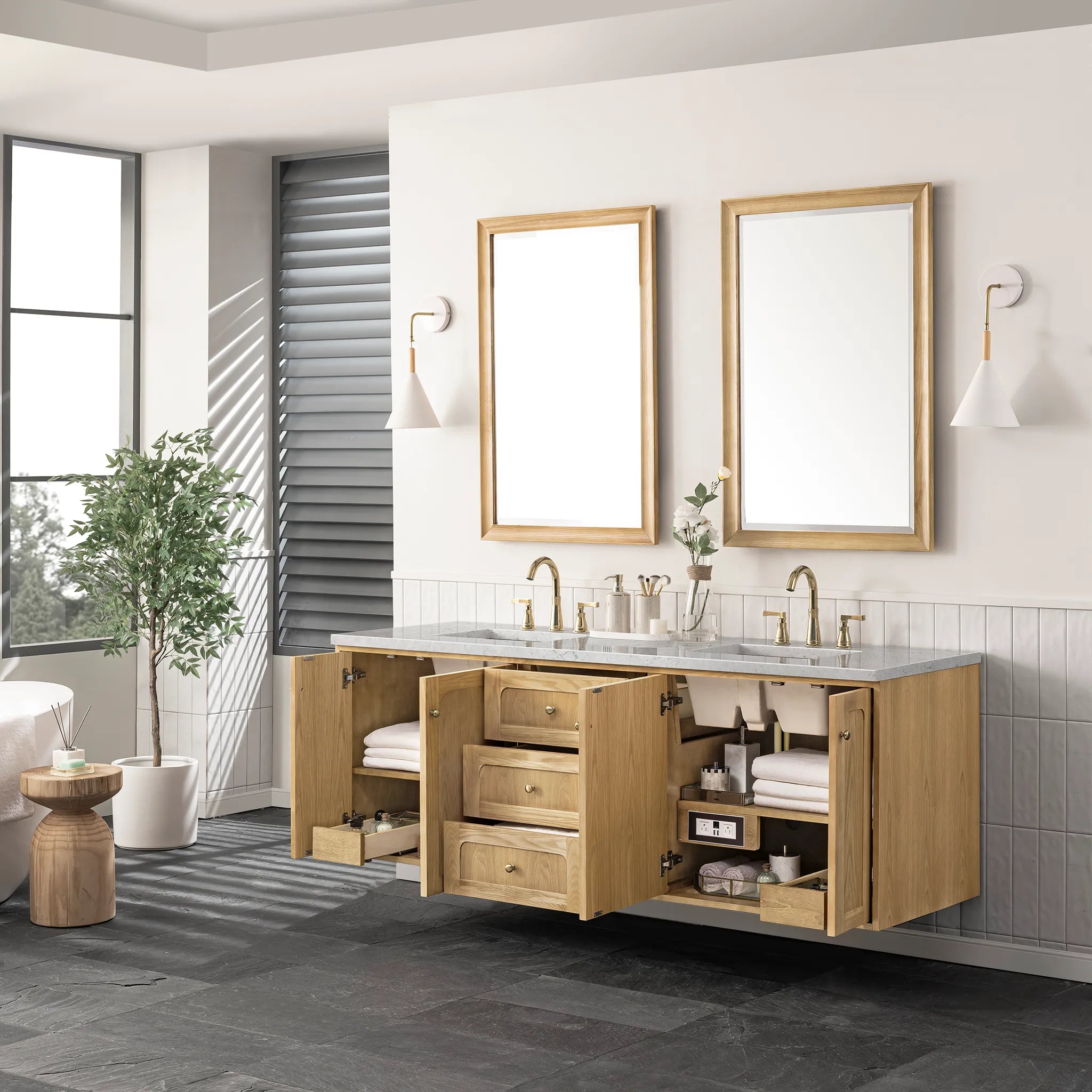 72" Laurent Double Vanity in Light Natural Oak Wireless Charger-Eternal Jasmine Pearl Silestone-8" Widespread image 10