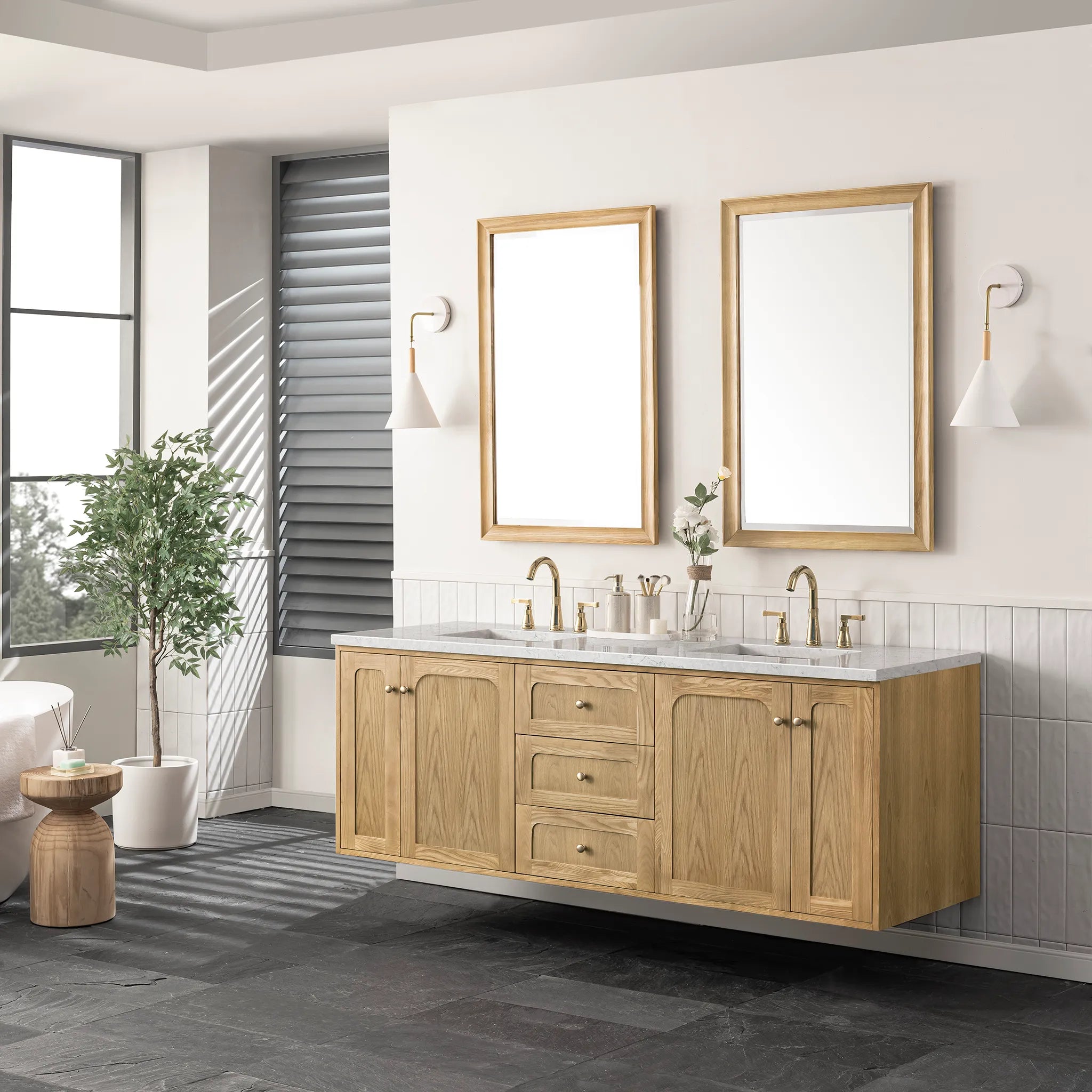 72" Laurent Double Vanity in Light Natural Oak Wireless Charger-Eternal Jasmine Pearl Silestone-8" Widespread image 8