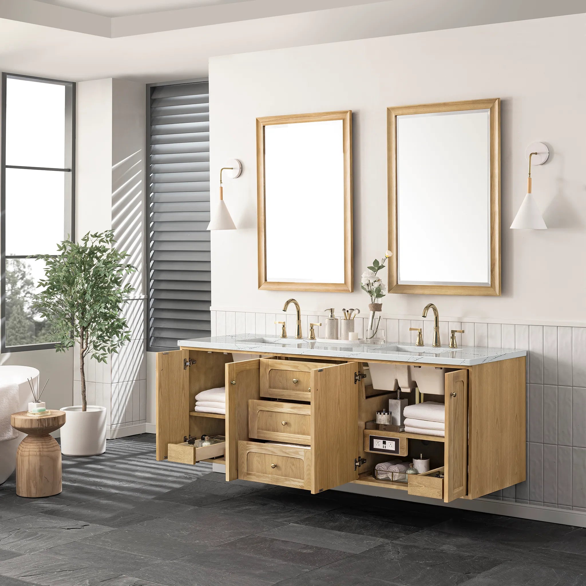 72" Laurent Double Vanity in Light Natural Oak Wireless Charger-Ethereal Noctis Silestone-8" Widespread image 10
