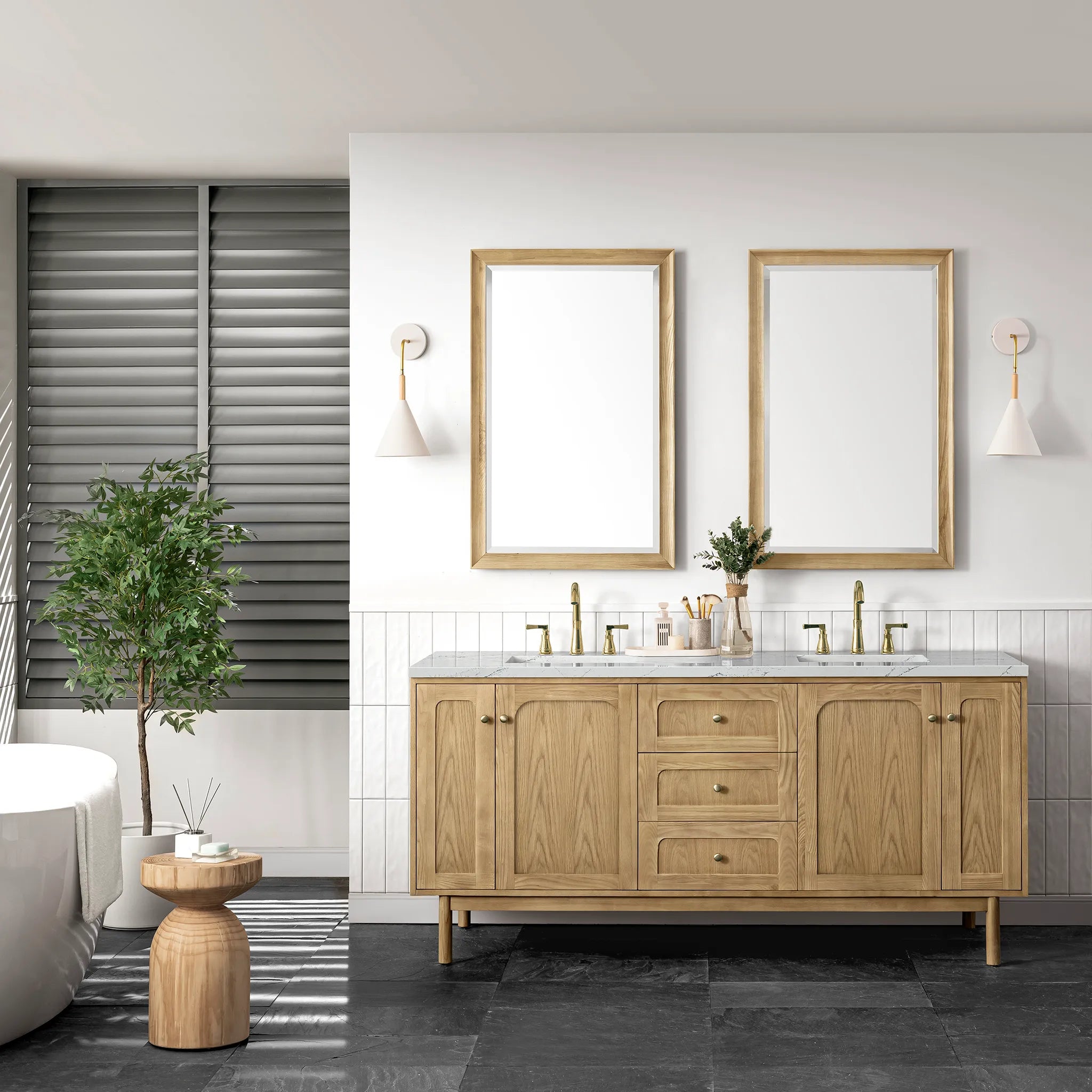 72" Laurent Double Vanity in Light Natural Oak Wireless Charger-Ethereal Noctis Silestone-8" Widespread image 5