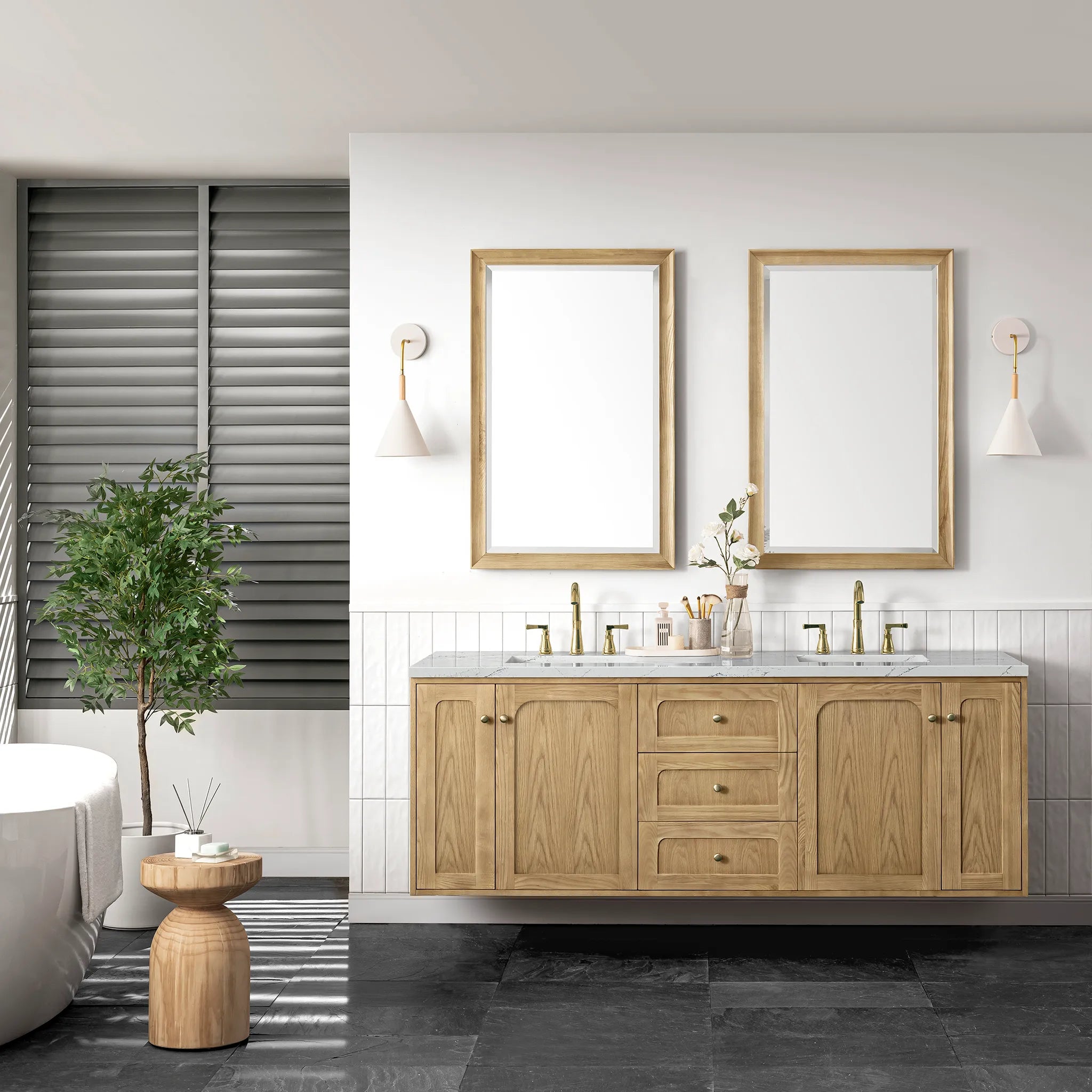 72" Laurent Double Vanity in Light Natural Oak Wireless Charger-Ethereal Noctis Silestone-8" Widespread image 6