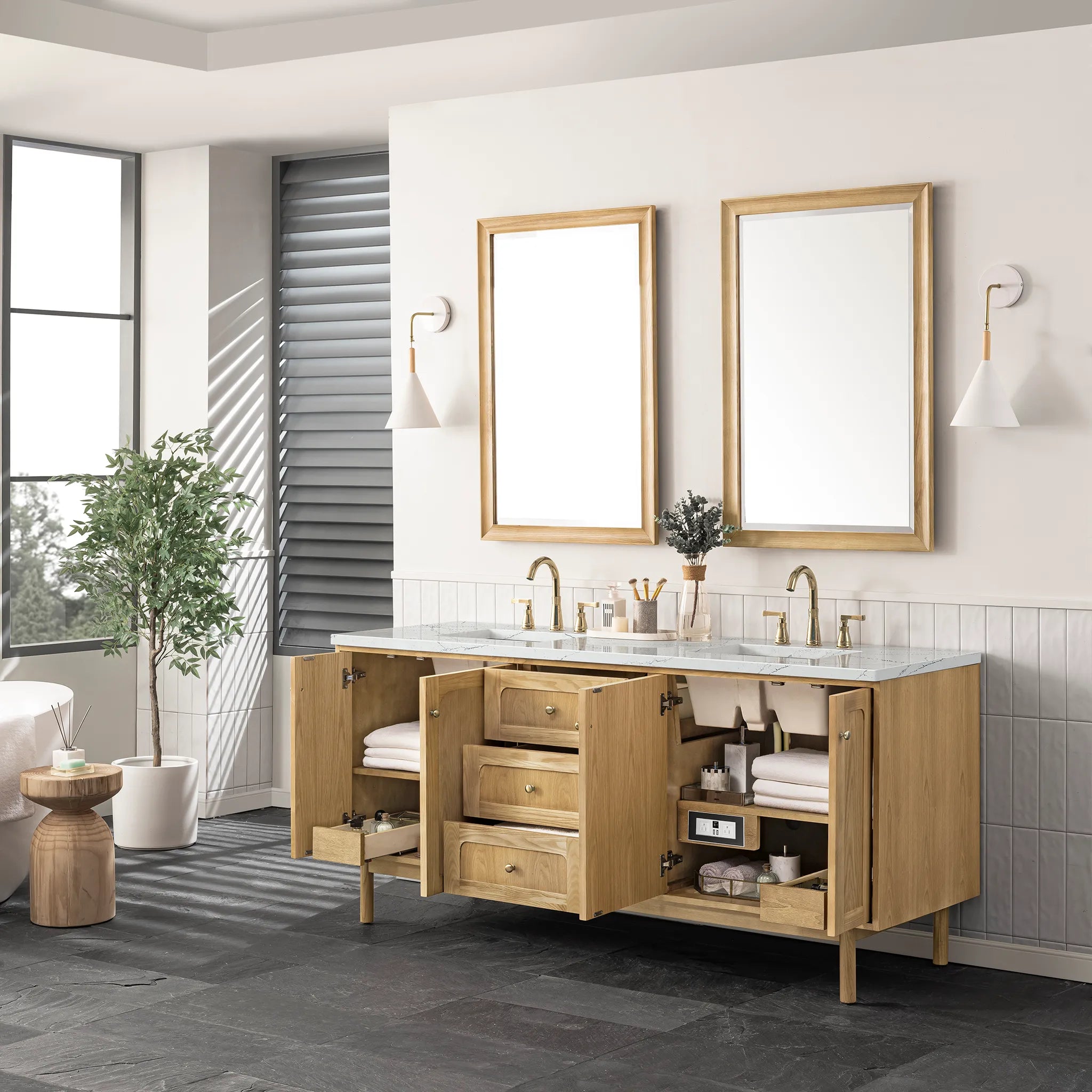 72" Laurent Double Vanity in Light Natural Oak Wireless Charger-Ethereal Noctis Silestone-8" Widespread image 9
