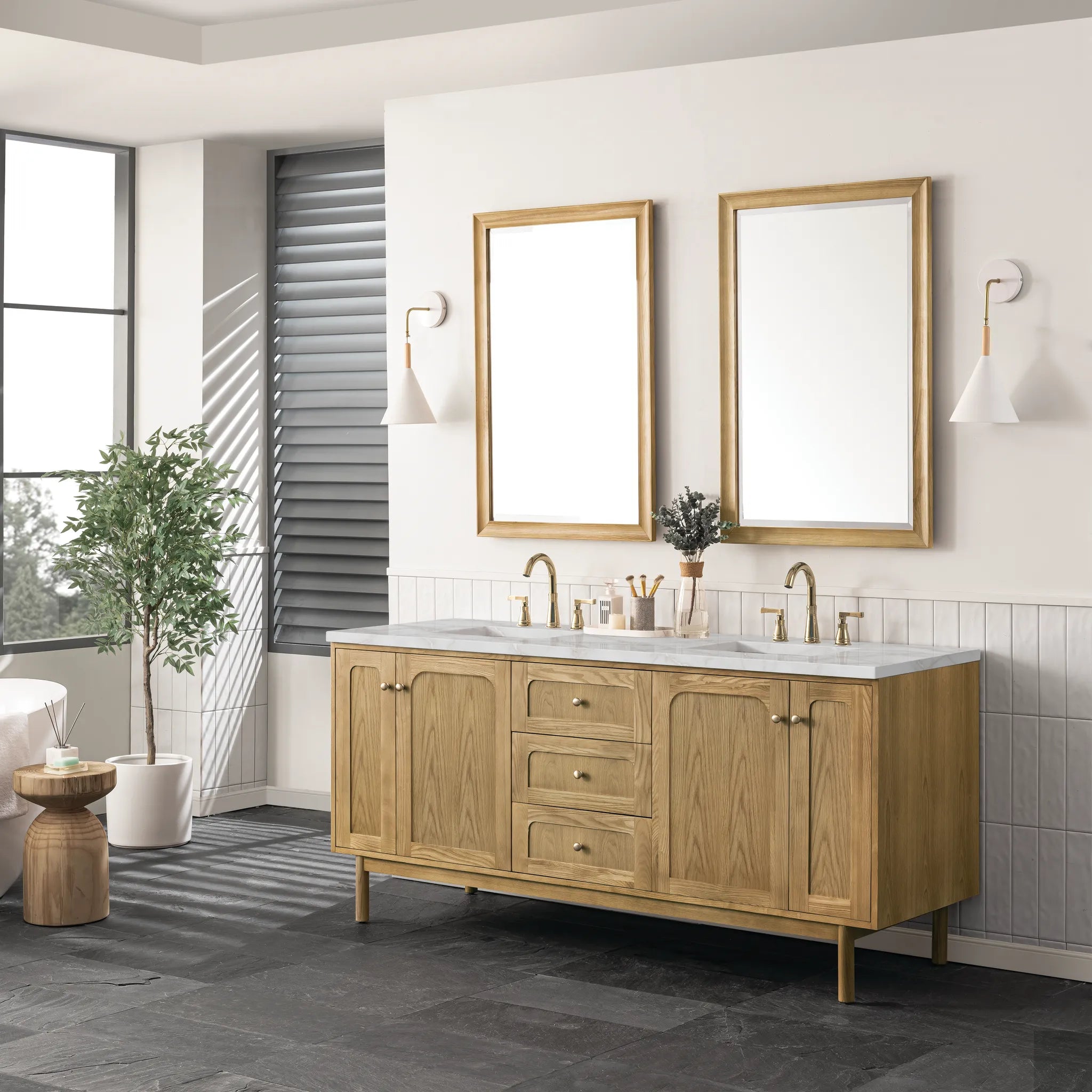 72" Laurent Double Vanity in Light Natural Oak Wireless Charger-Victorian Silver Silestone-8" Widespread image 7
