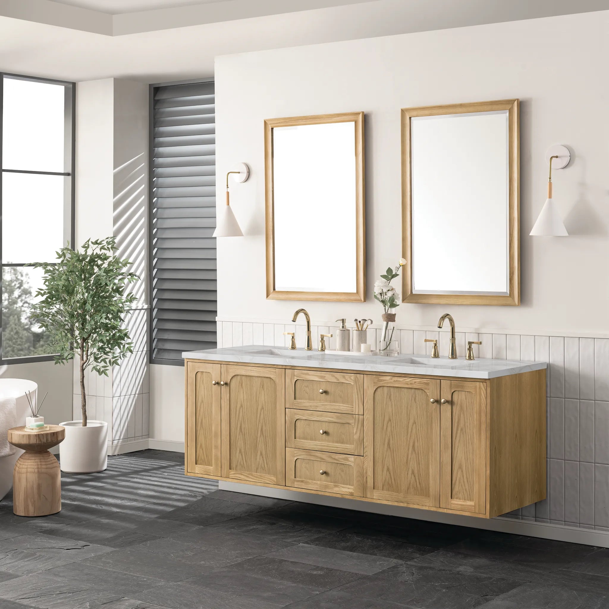 72" Laurent Double Vanity in Light Natural Oak Wireless Charger-Victorian Silver Silestone-8" Widespread image 8