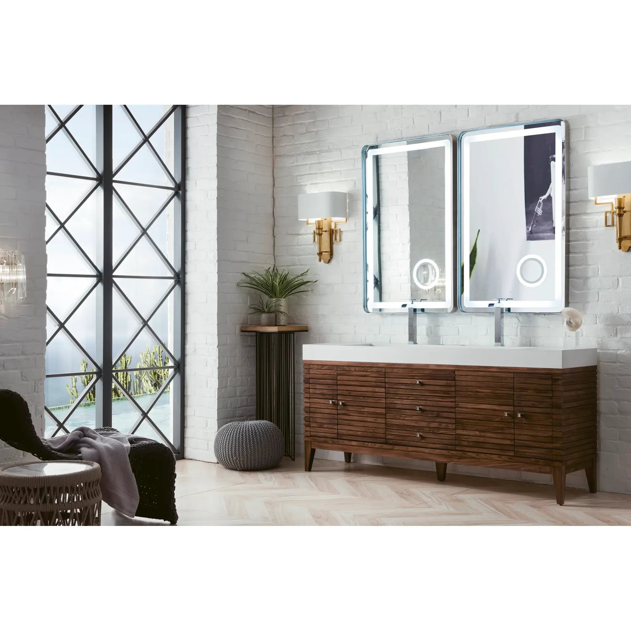 72" Linear Double Vanity in Mid-Century Walnut-Glossy White image 2