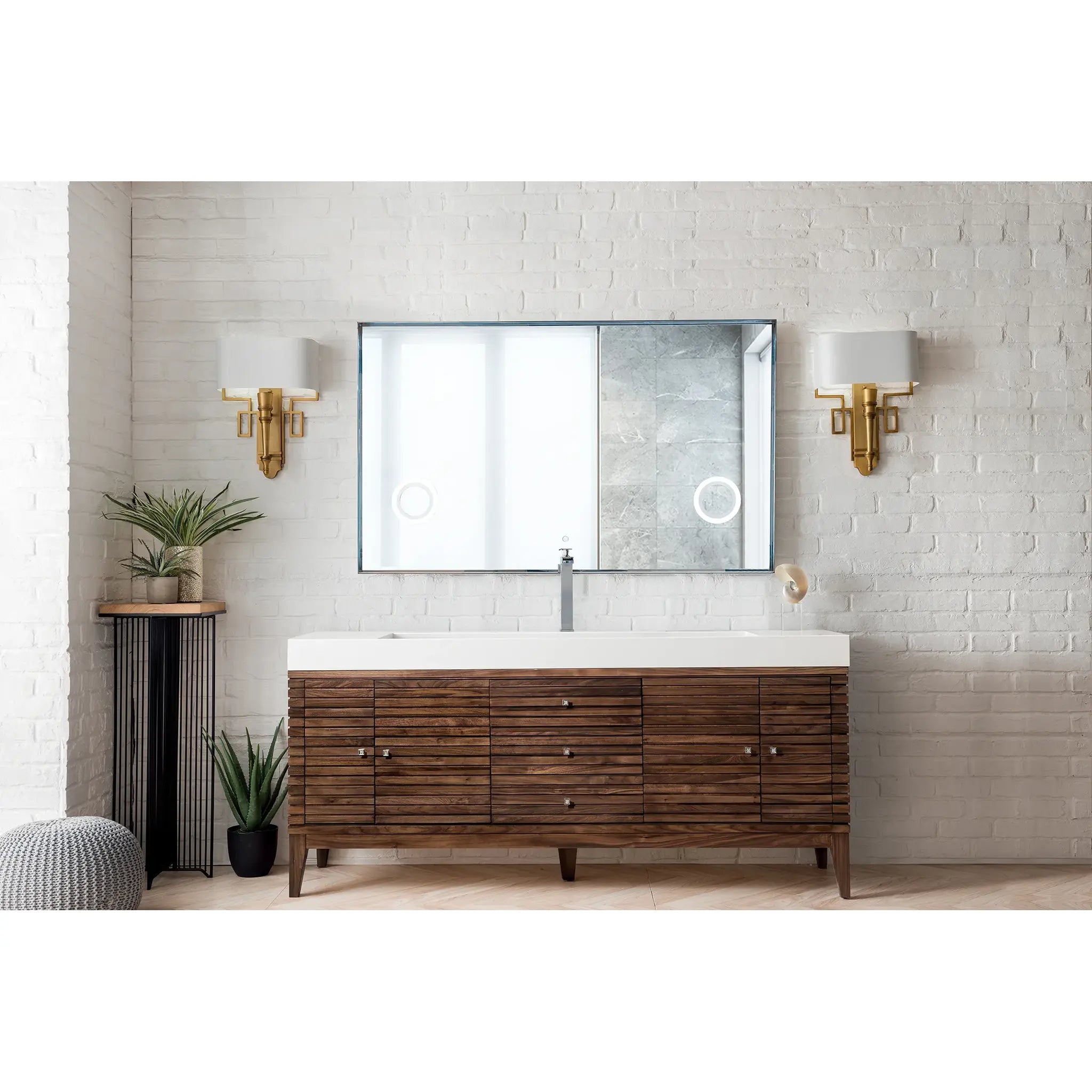 72" Linear Single Vanity in Mid-Century Walnut-Glossy White image 1