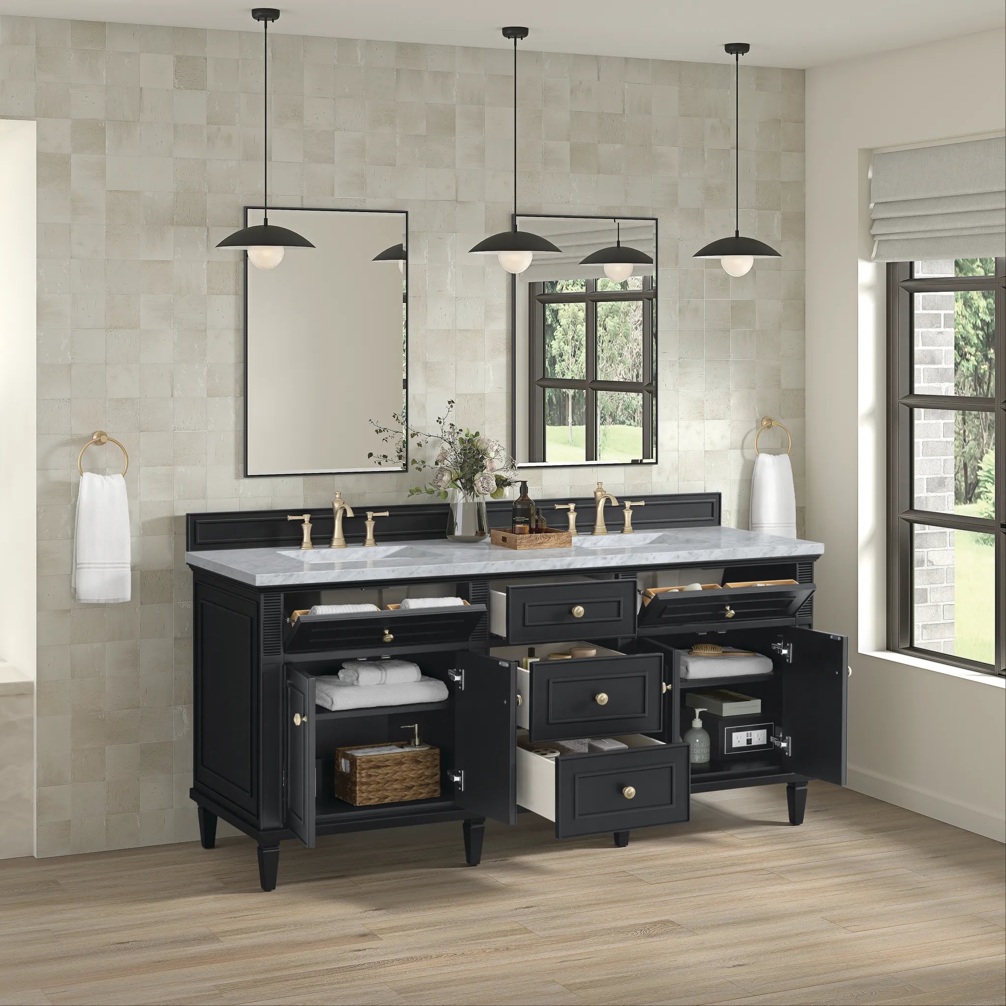 72" Lorelai Double Vanity in Black Onyx-Carrara White Marble-8" Widespread image 4
