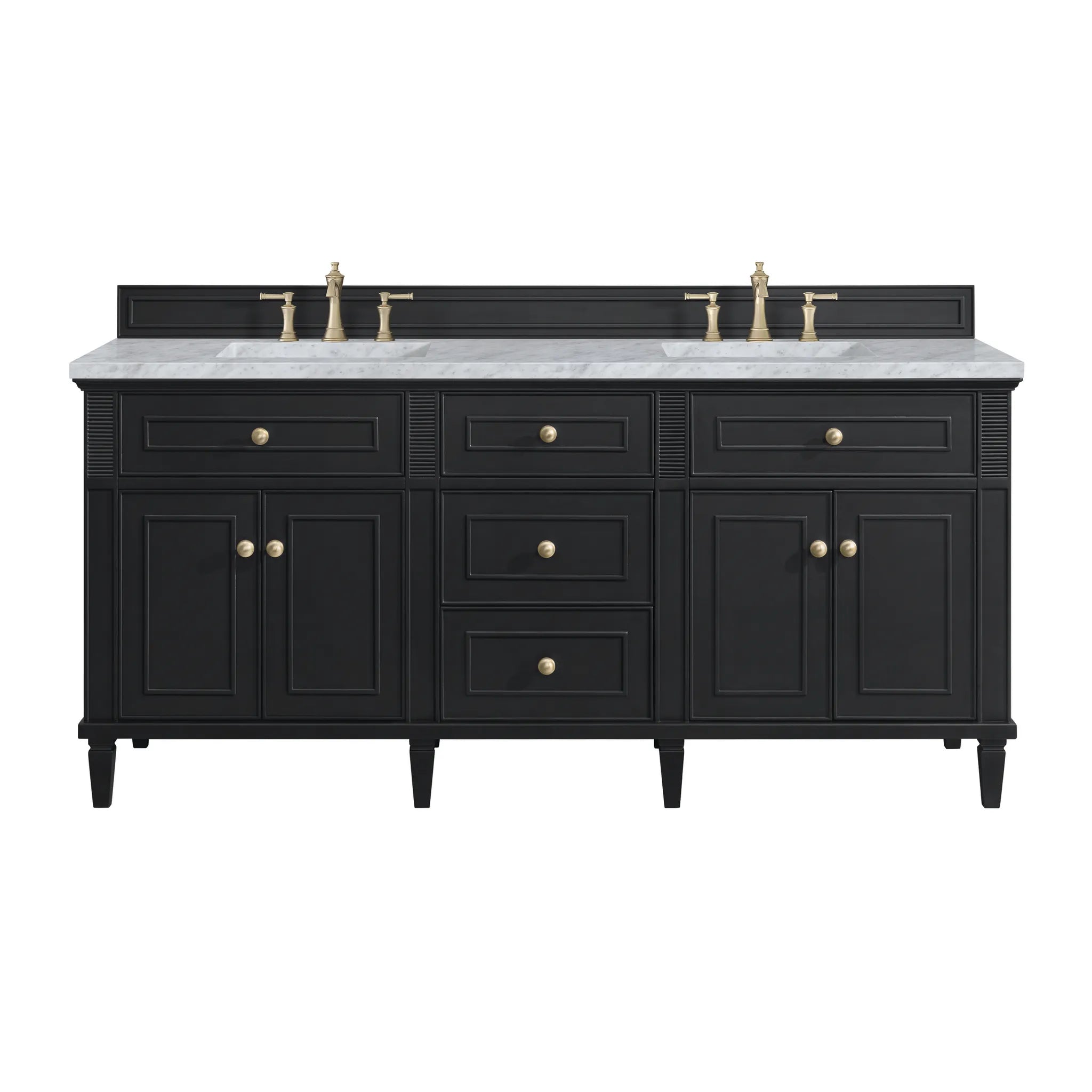 72" Lorelai Double Vanity in Black Onyx-Carrara White Marble-8" Widespread image