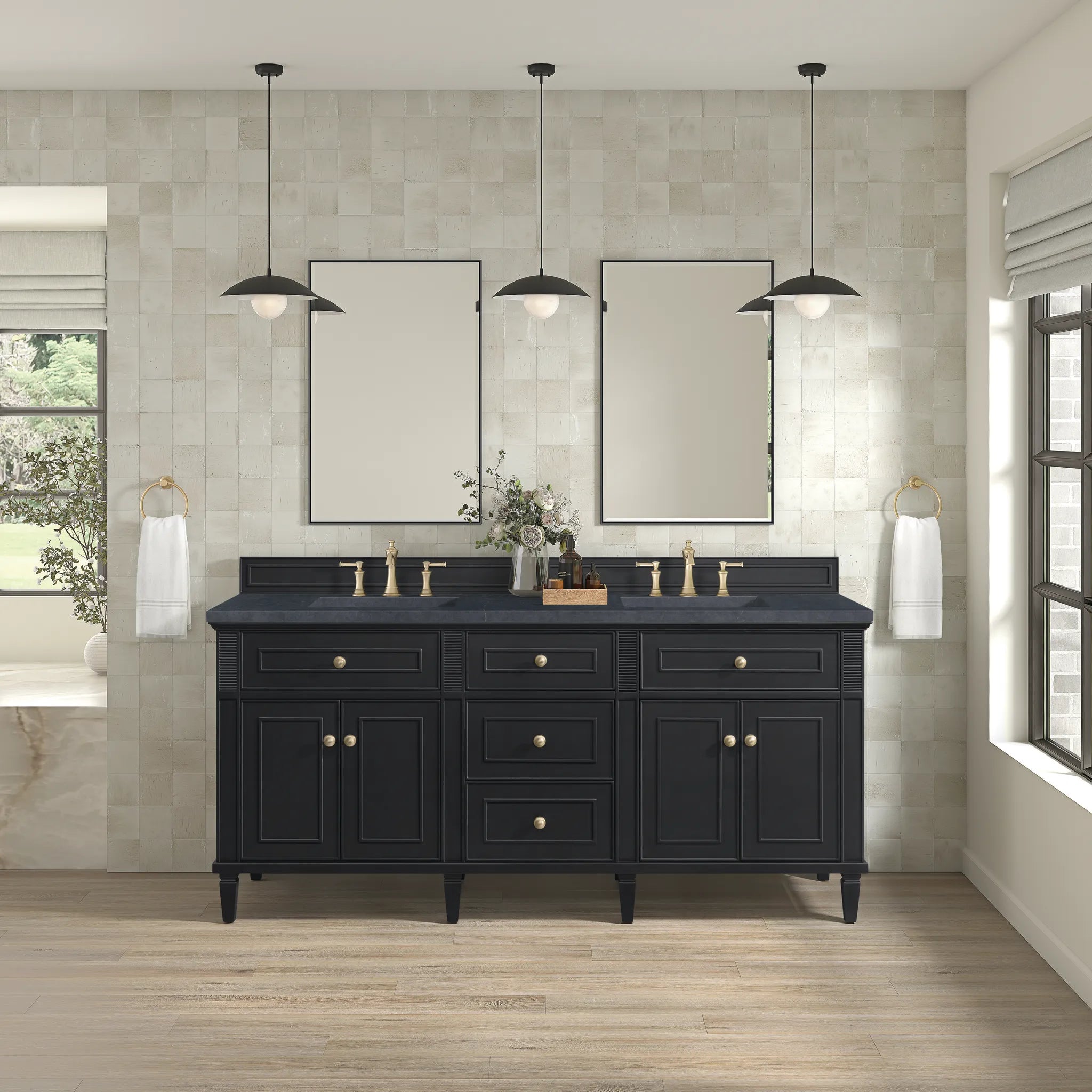 72" Lorelai Double Vanity in Black Onyx-Charcoal Soapstone Silestone-8" Widespread image 2