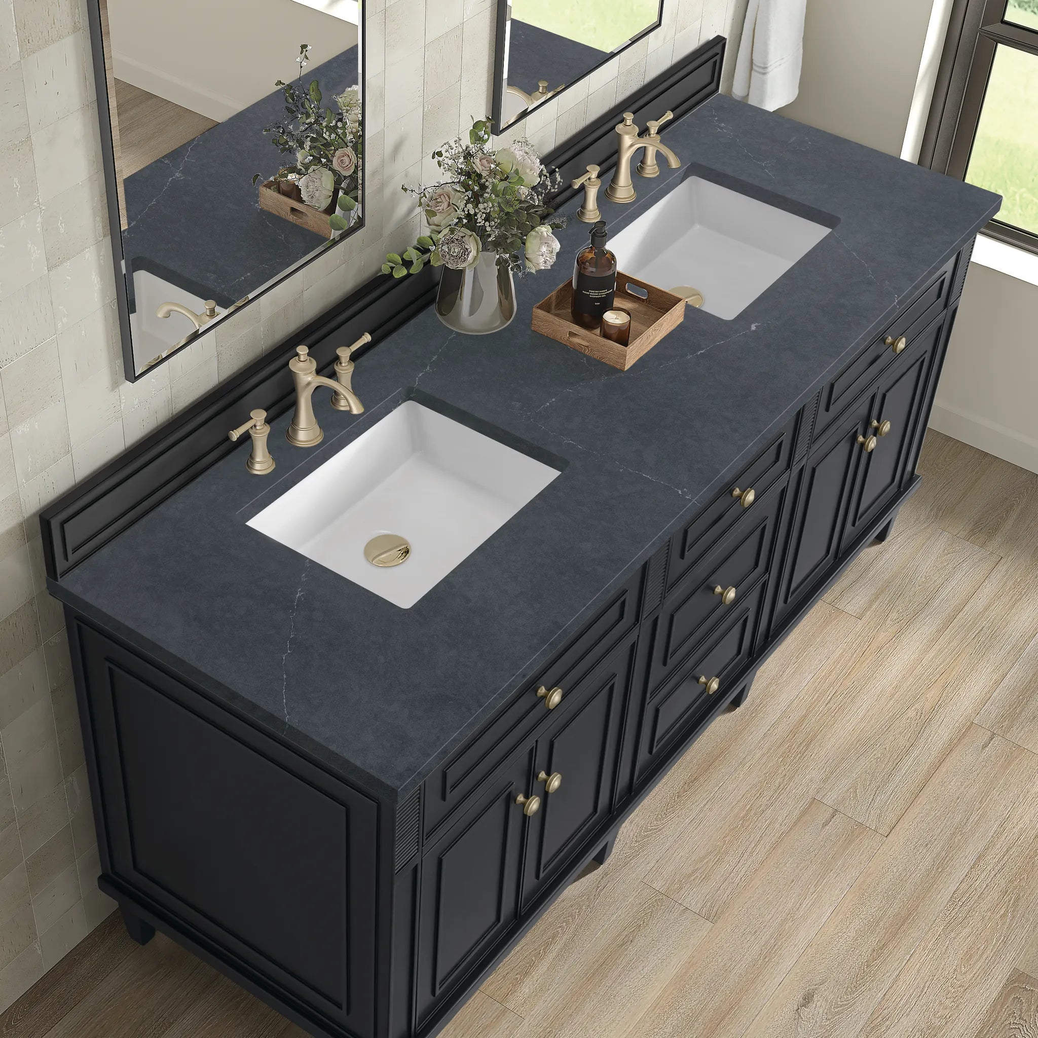 72" Lorelai Double Vanity in Black Onyx-Charcoal Soapstone Silestone-8" Widespread image 6