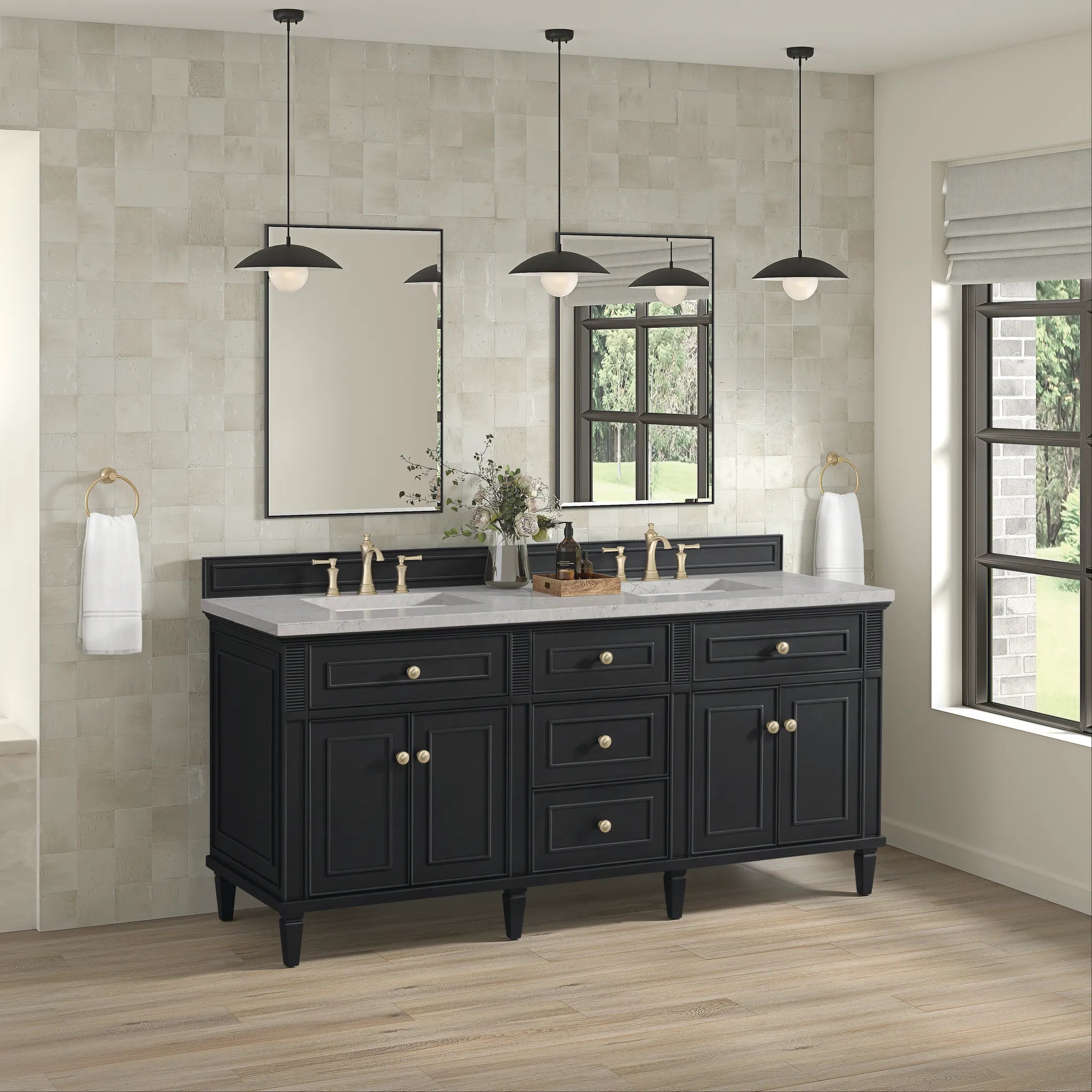 72" Lorelai Double Vanity in Black Onyx-Eternal Jasmine Pearl Silestone-8" Widespread image 3