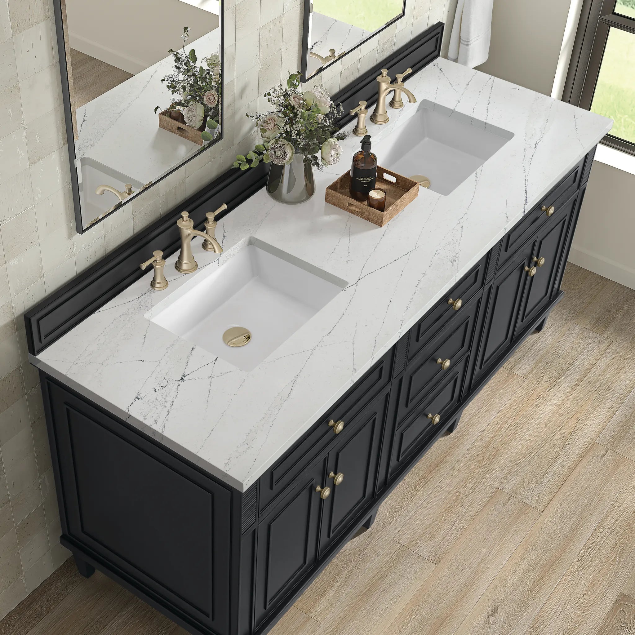 72" Lorelai Double Vanity in Black Onyx-Ethereal Noctis Silestone-8" Widespread image 6