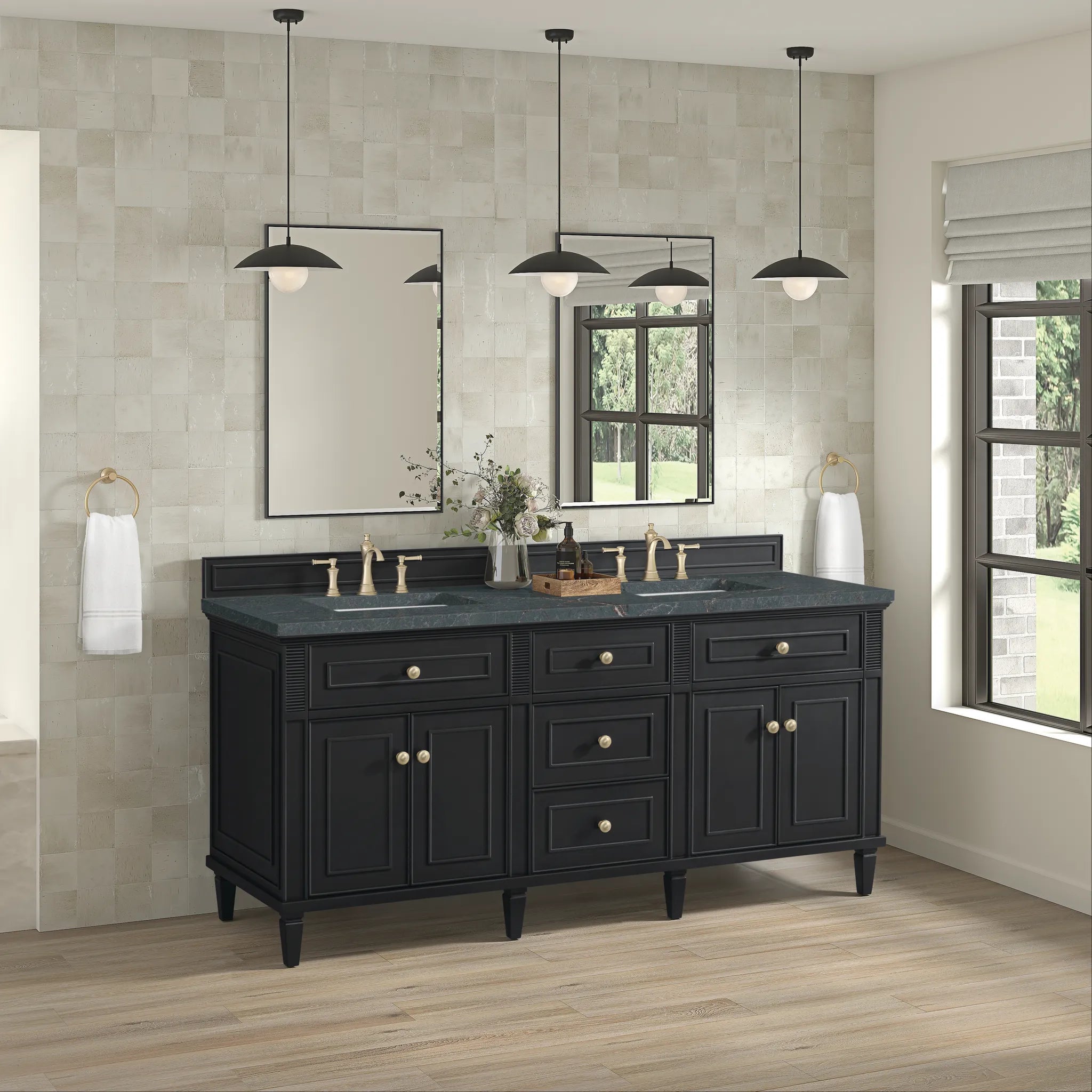 72" Lorelai Double Vanity in Black Onyx-Parisien Bleu Silestone-8" Widespread image 3