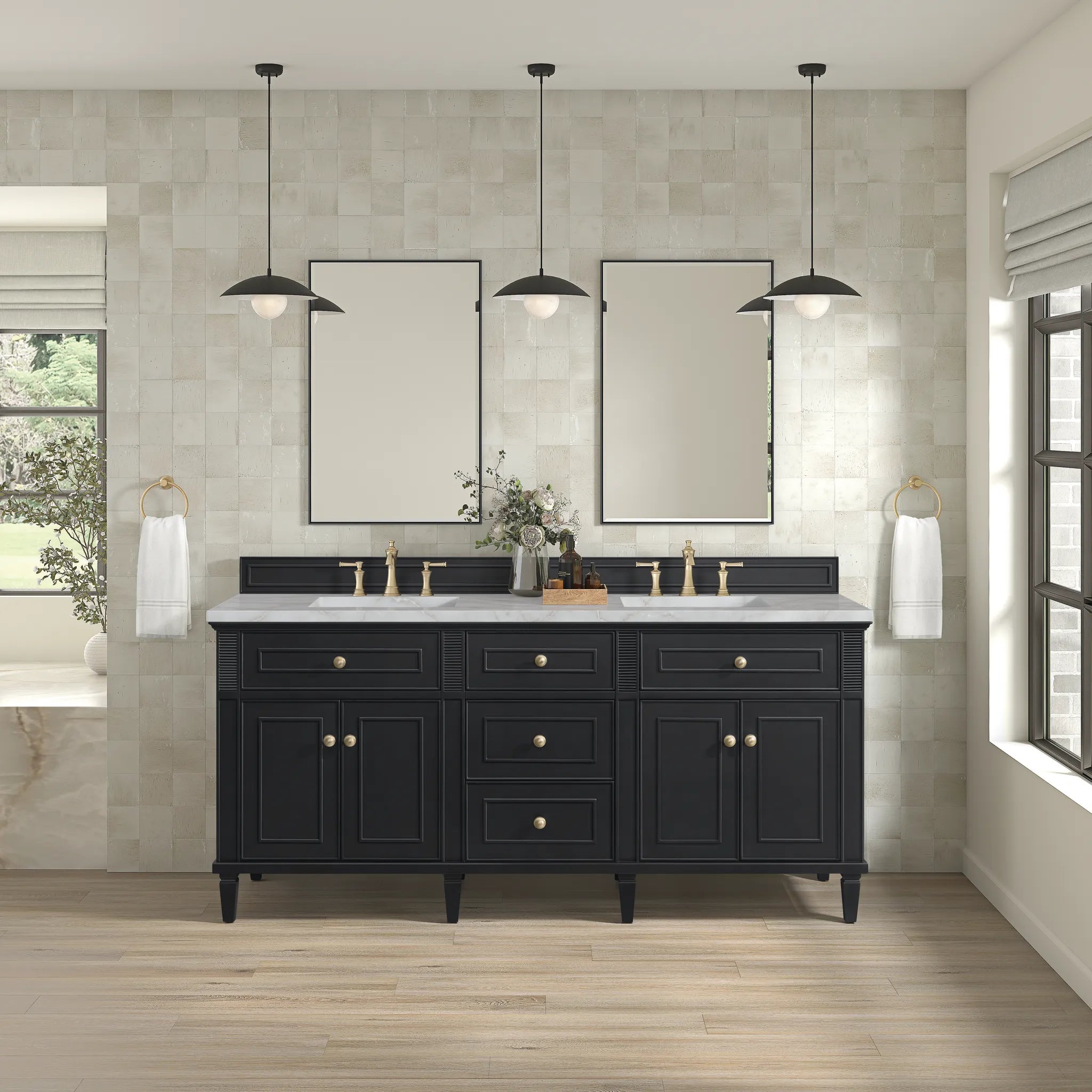 72" Lorelai Double Vanity in Black Onyx-Victorian Silver Silestone-8" Widespread image 2