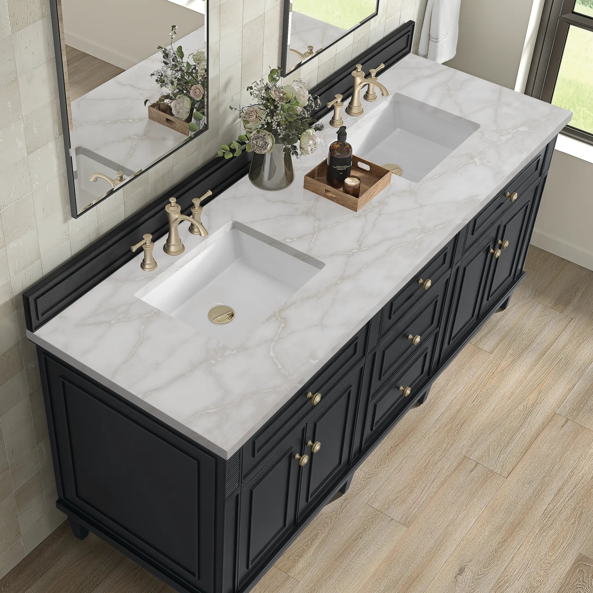 72" Lorelai Double Vanity in Black Onyx-Victorian Silver Silestone-8" Widespread image 6
