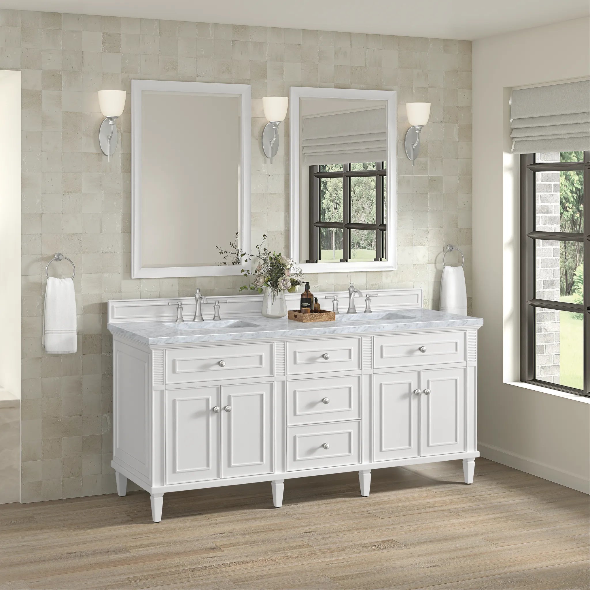 72" Lorelai Double Vanity in Bright White-Carrara White Marble-8" Widespread image 3