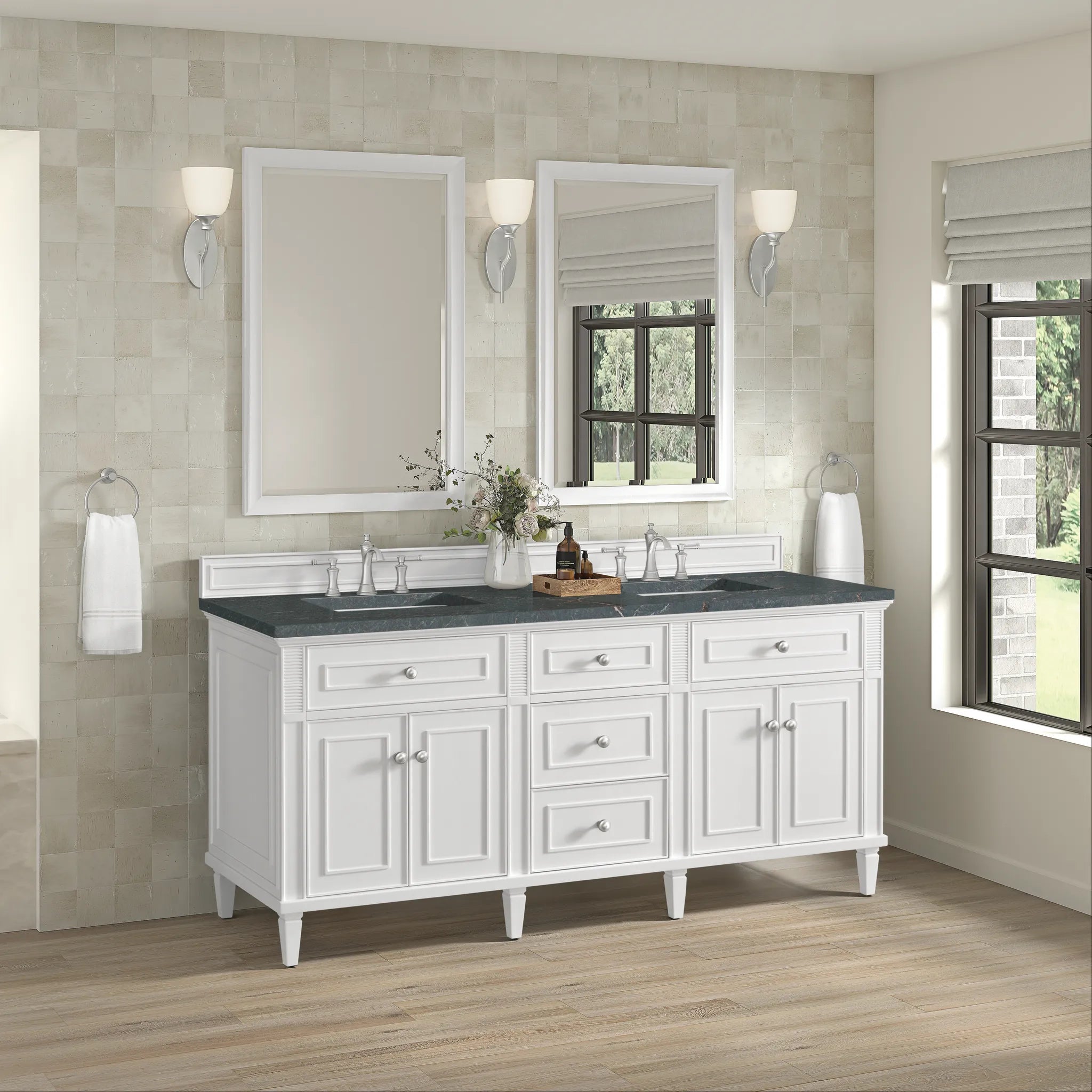 72" Lorelai Double Vanity in Bright White-Parisien Bleu Silestone-8" Widespread image 3