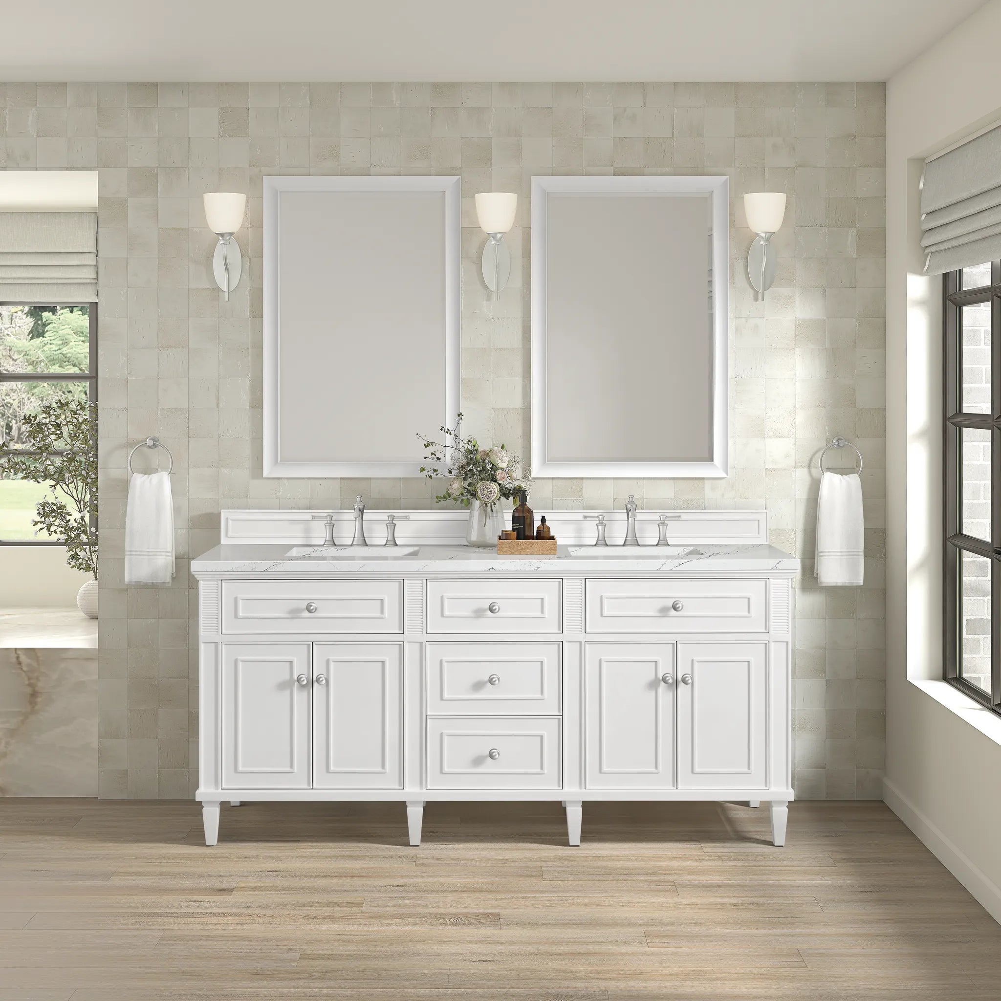 72" Lorelai Double Vanity in Bright White w/FreePower Wireless Charger-Ethereal Noctis Silestone-8" Widespread image 5