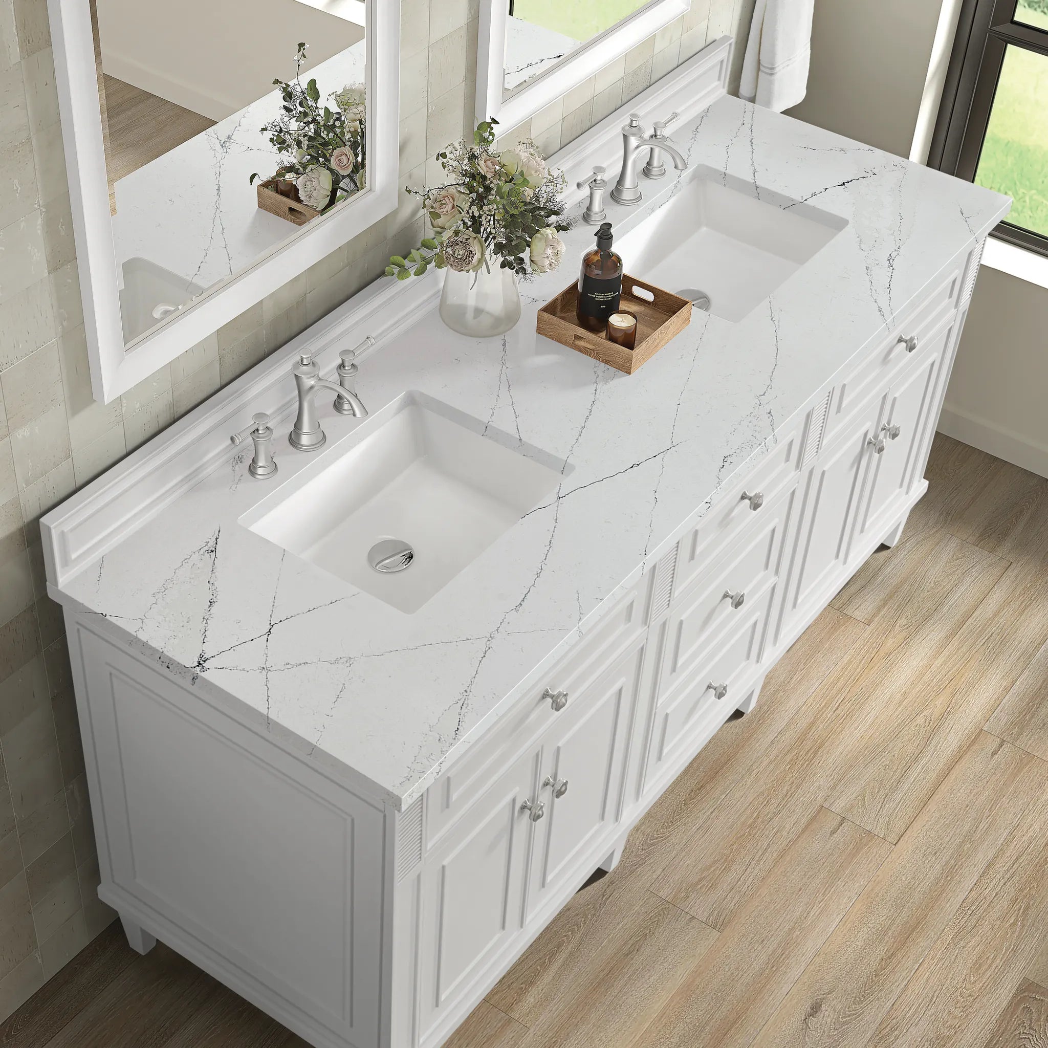 72" Lorelai Double Vanity in Bright White w/FreePower Wireless Charger-Ethereal Noctis Silestone-8" Widespread image 9