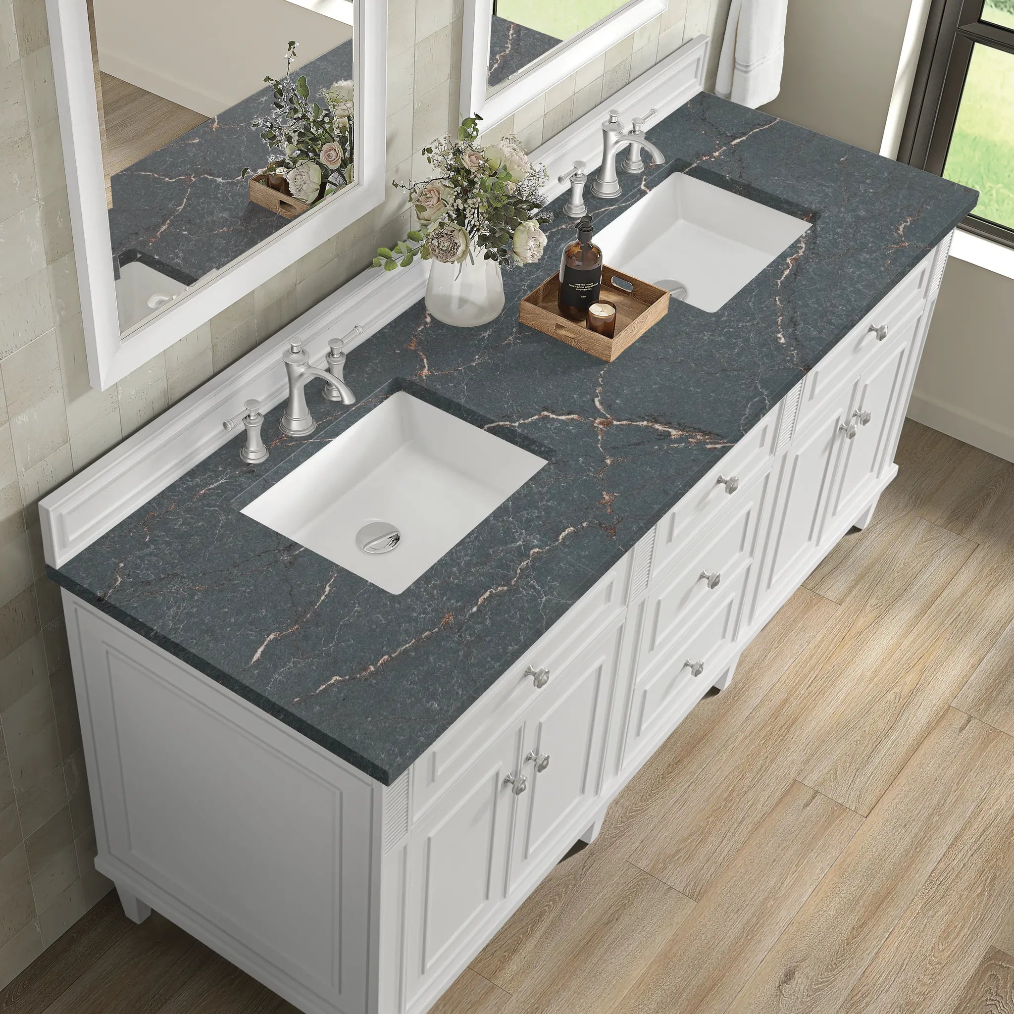 72" Lorelai Double Vanity in Bright White w/FreePower Wireless Charger-Parisien Bleu Silestone-8" Widespread image 9