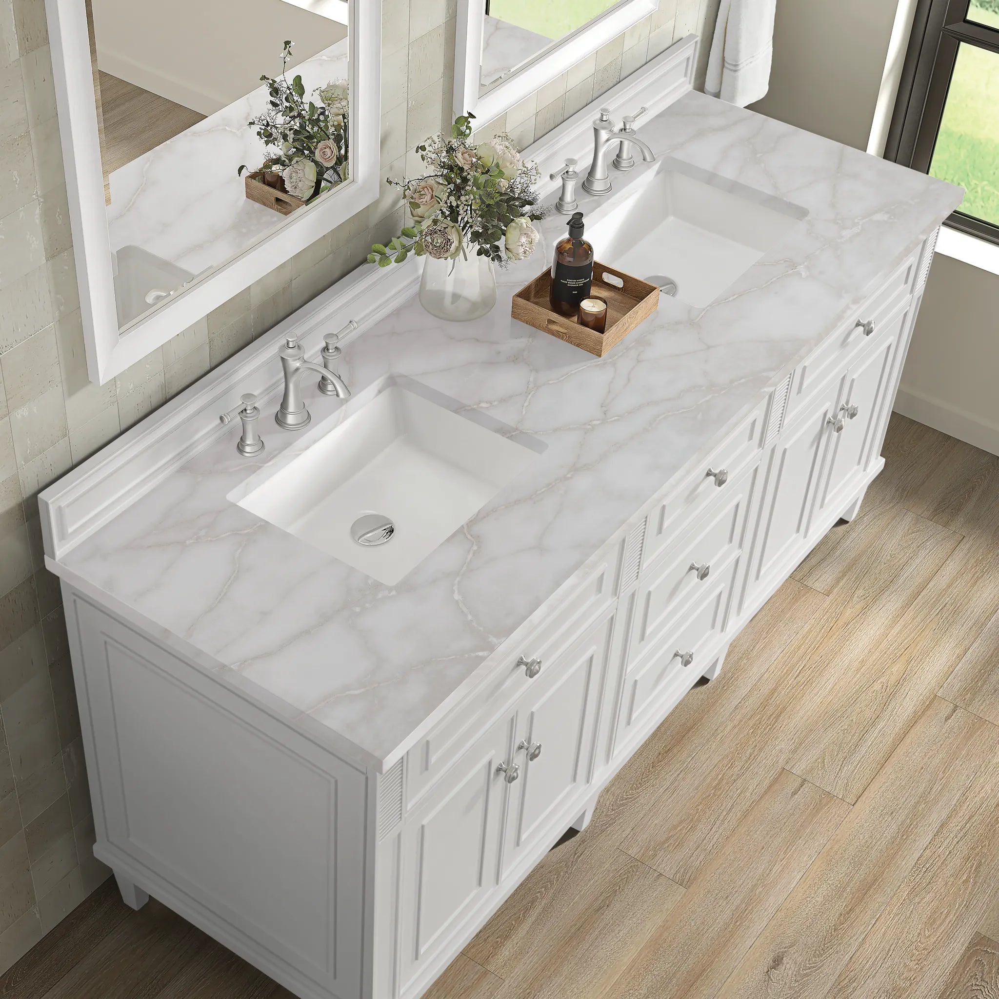 72" Lorelai Double Vanity in Bright White w/FreePower Wireless Charger-Victorian Silver Silestone-8" Widespread image 9