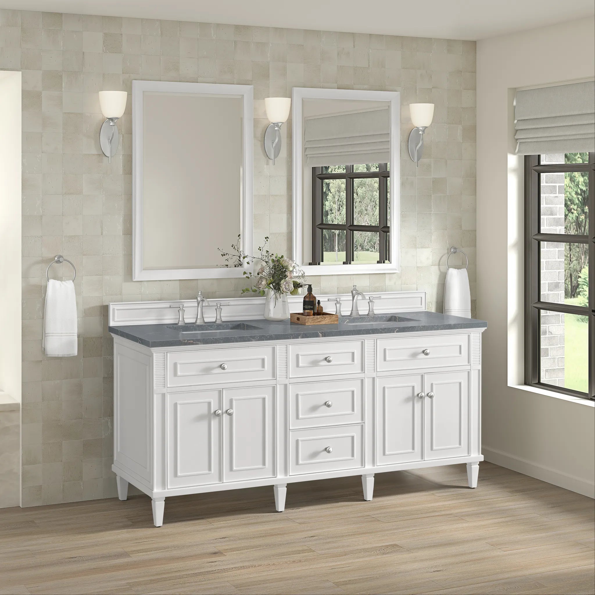 72" Lorelai Double Vanity in Bright White-White Zeus Silestone-8" Widespread image 4