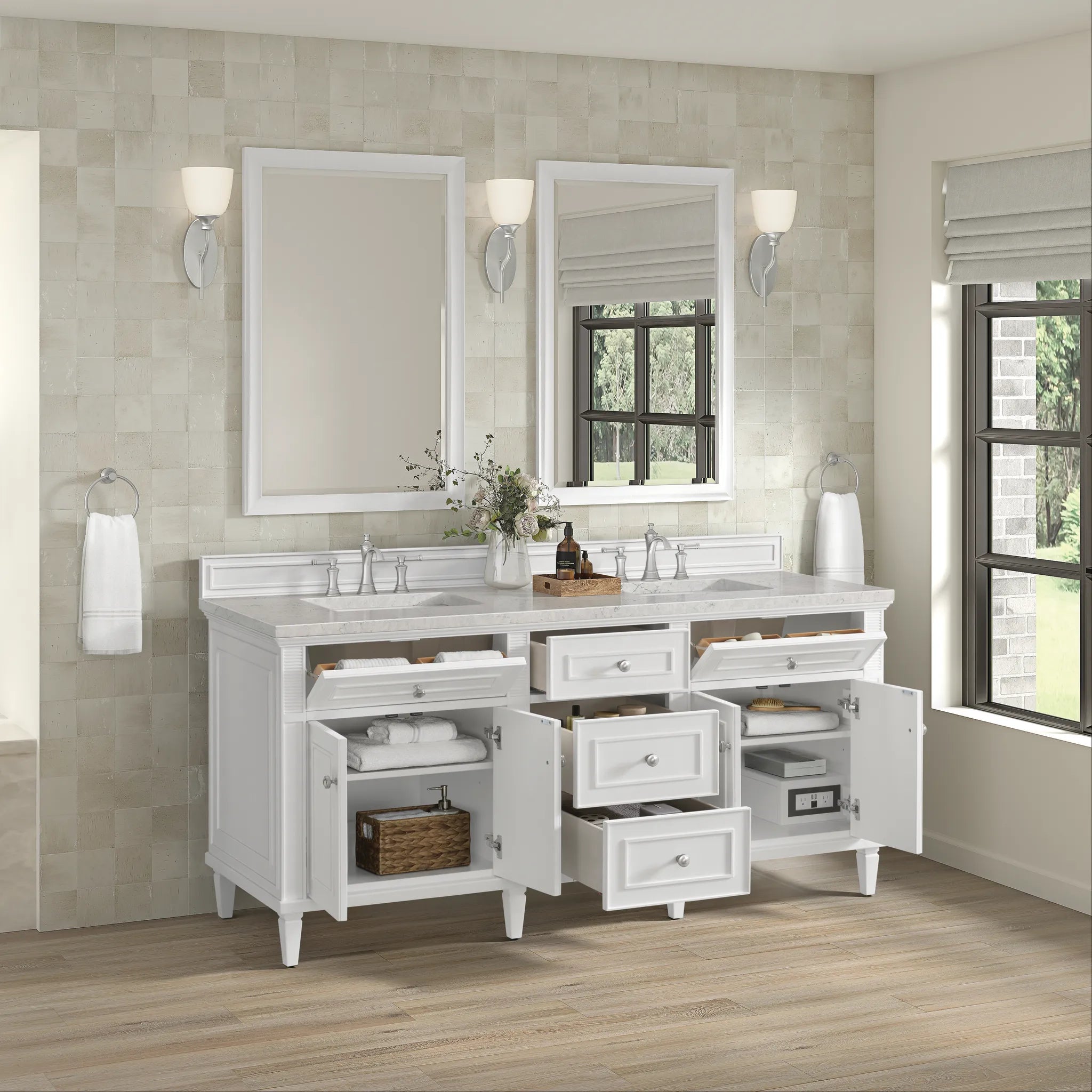72" Lorelai Double Vanity in Bright White Wireless Charger-Eternal Jasmine Pearl Silestone-8" Widespread image 7