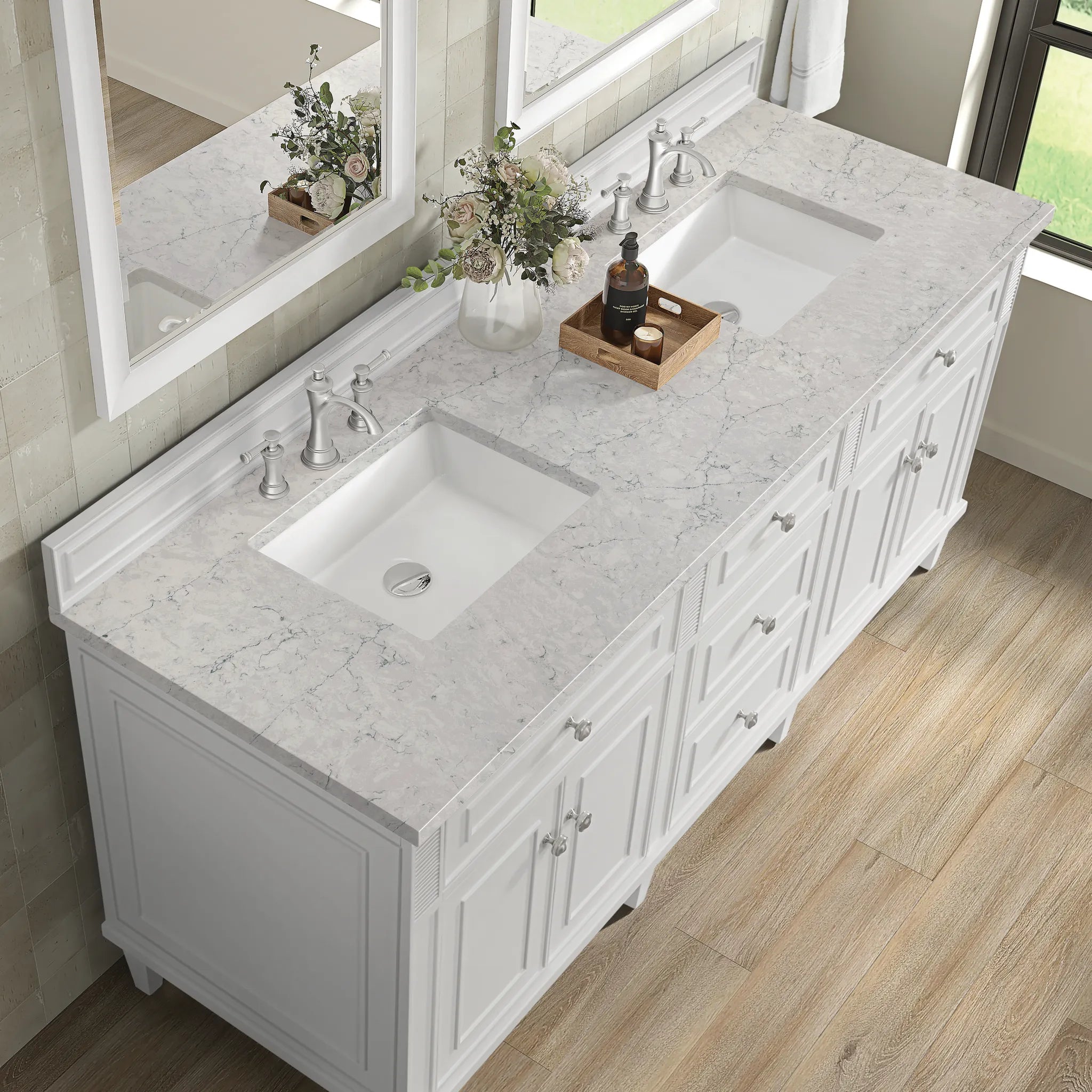 72" Lorelai Double Vanity in Bright White Wireless Charger-Eternal Jasmine Pearl Silestone-8" Widespread image 9