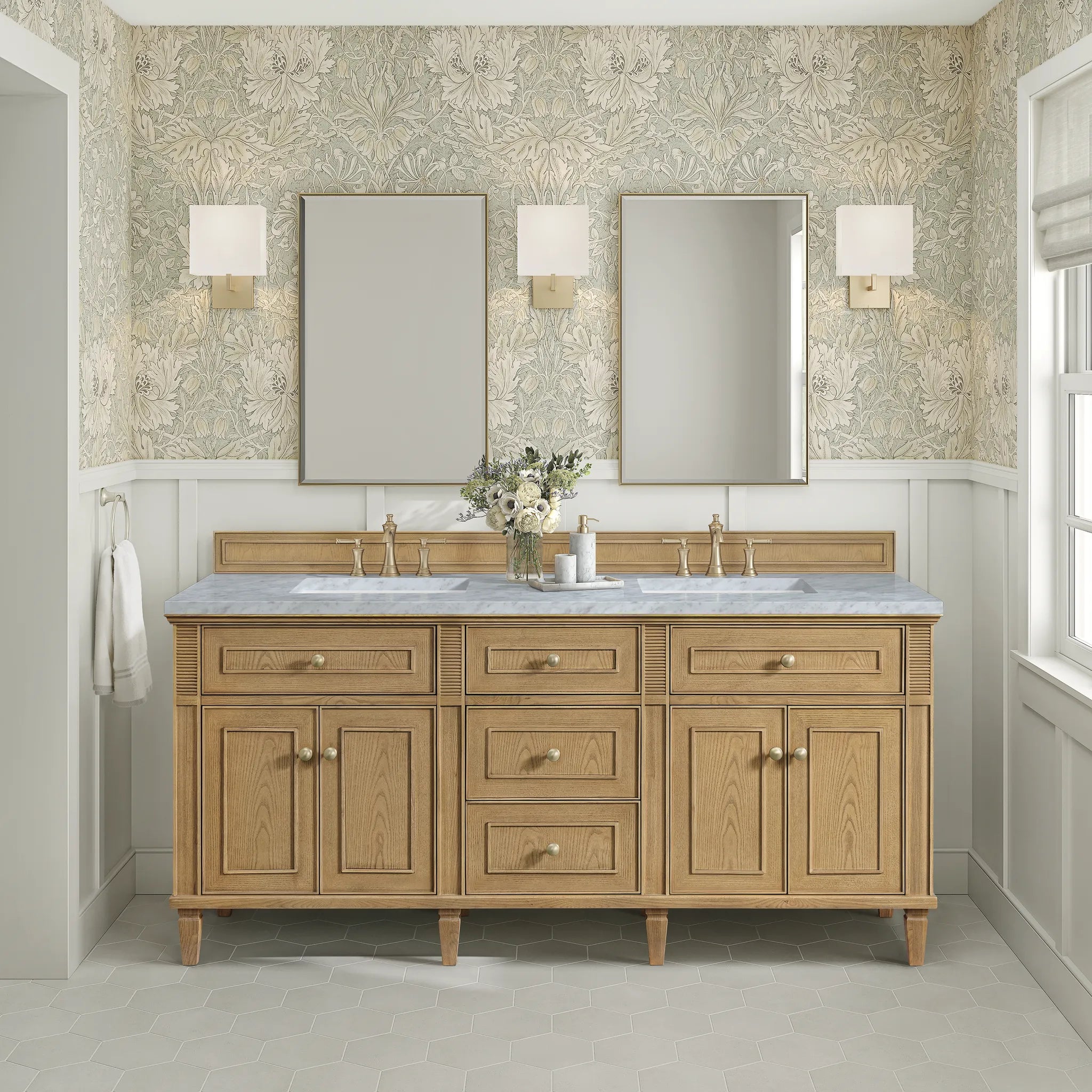 72" Lorelai Double Vanity in Light Natural Oak-Carrara White Marble-8" Widespread image 2