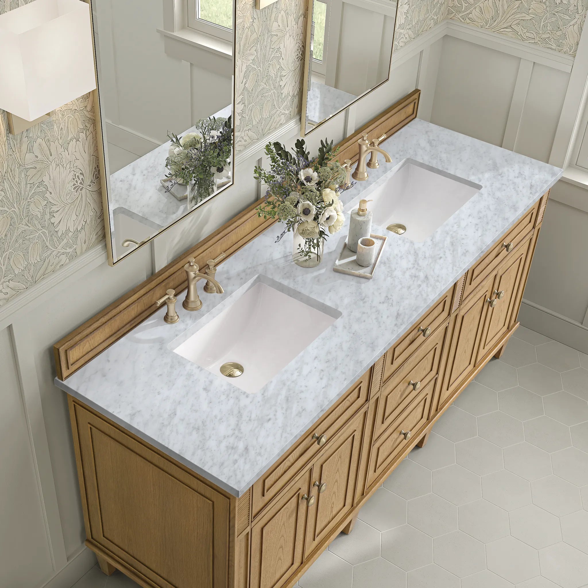 72" Lorelai Double Vanity in Light Natural Oak-Carrara White Marble-8" Widespread image 6