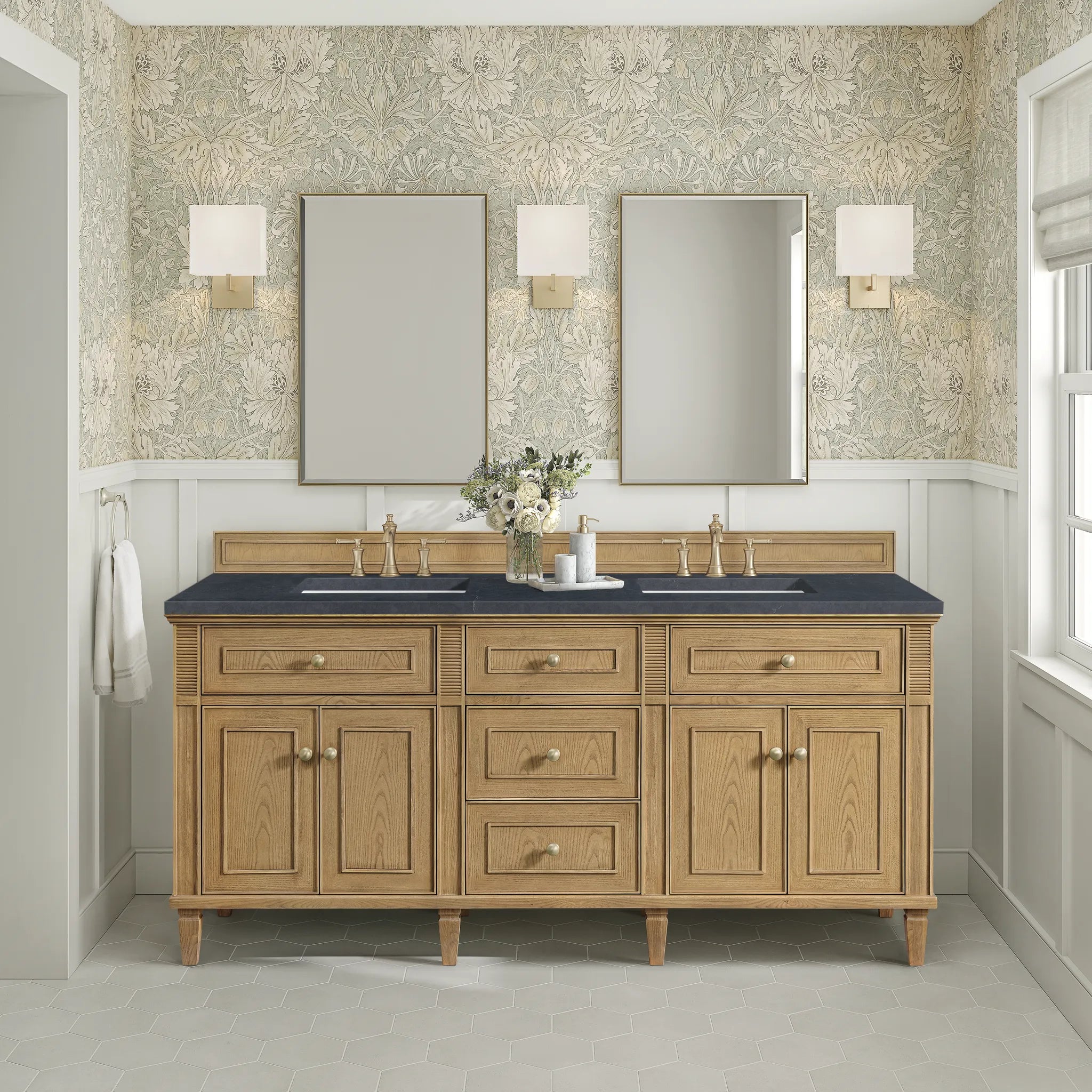72" Lorelai Double Vanity in Light Natural Oak-Charcoal Soapstone Silestone-8" Widespread image 2