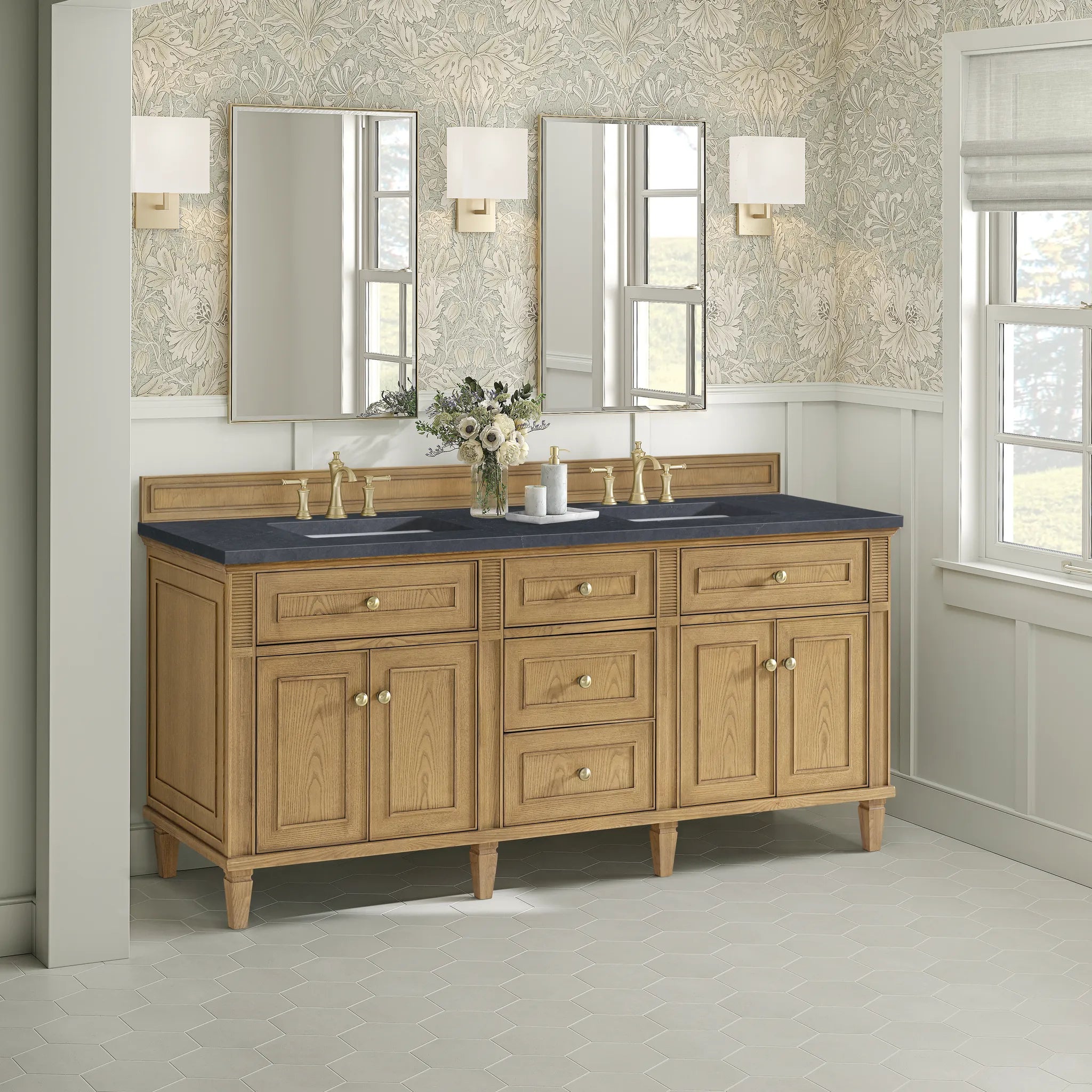 72" Lorelai Double Vanity in Light Natural Oak-Charcoal Soapstone Silestone-8" Widespread image 3