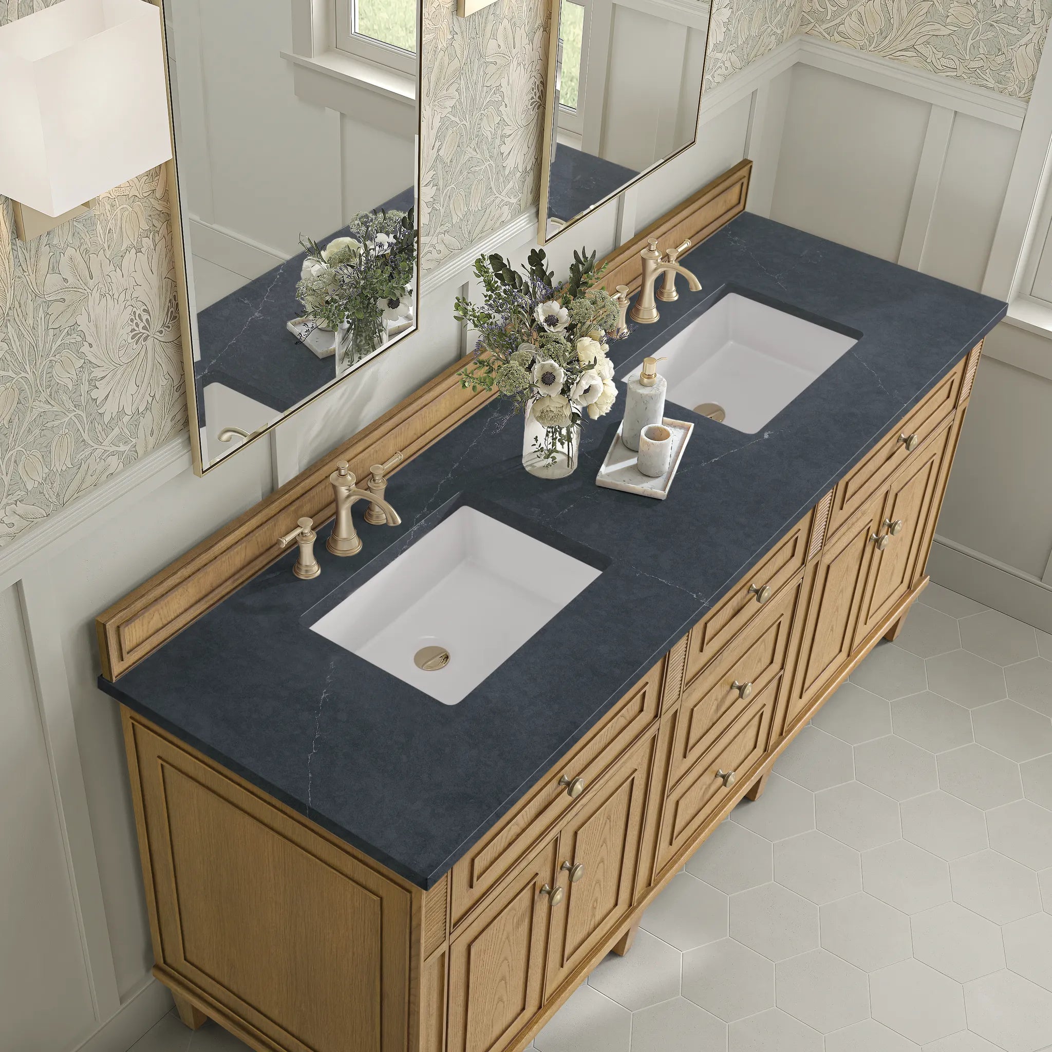 72" Lorelai Double Vanity in Light Natural Oak-Charcoal Soapstone Silestone-8" Widespread image 6