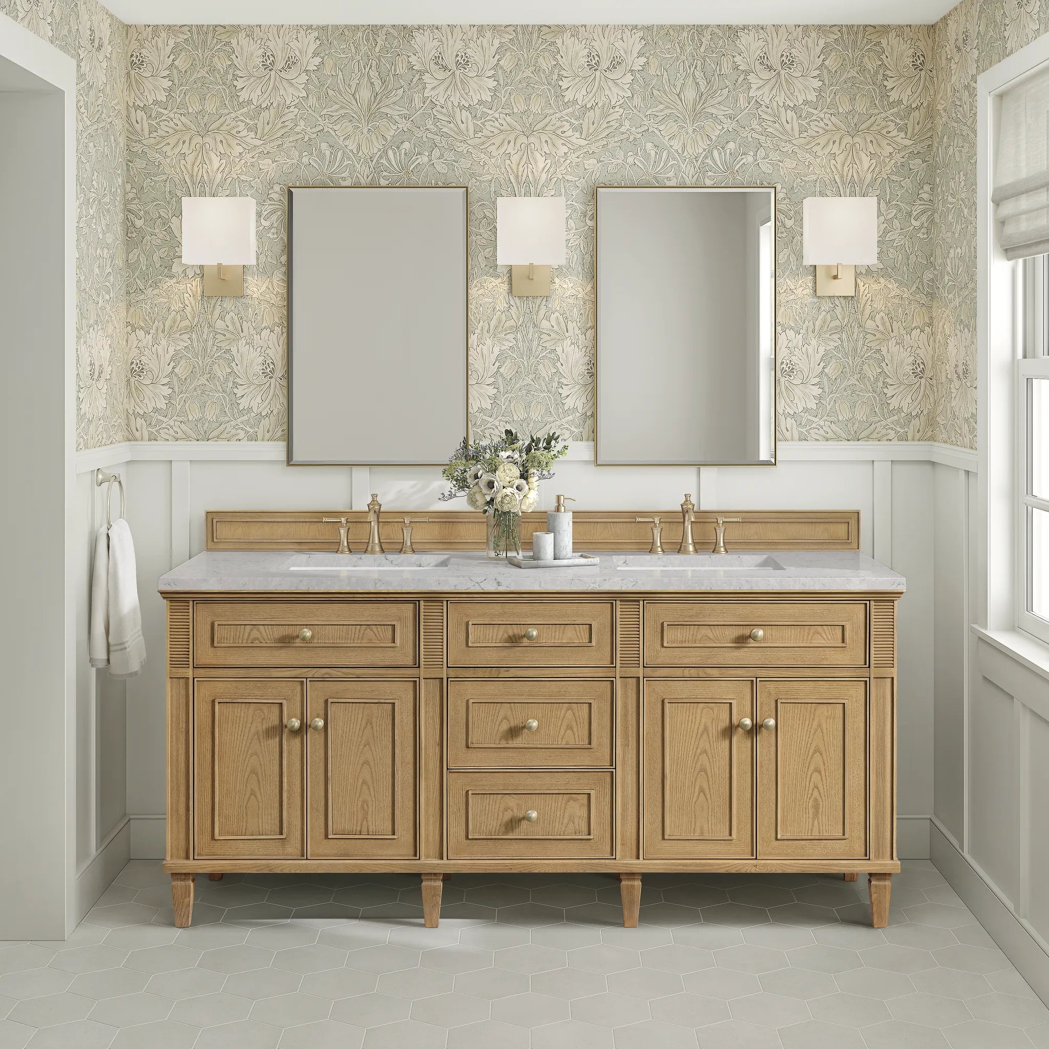 72" Lorelai Double Vanity in Light Natural Oak-Eternal Jasmine Pearl Silestone-8" Widespread image 2