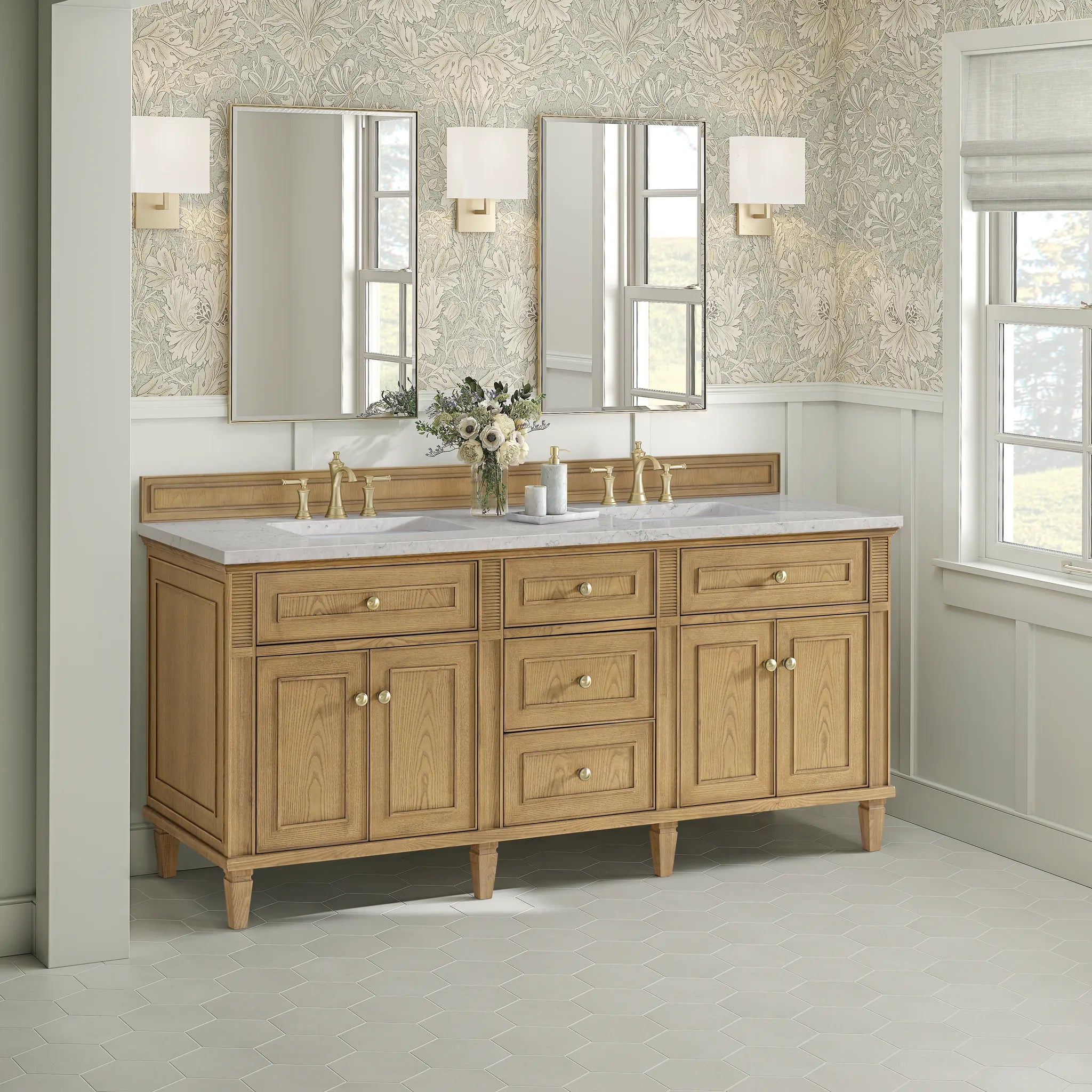 72" Lorelai Double Vanity in Light Natural Oak-Eternal Jasmine Pearl Silestone-8" Widespread image 3