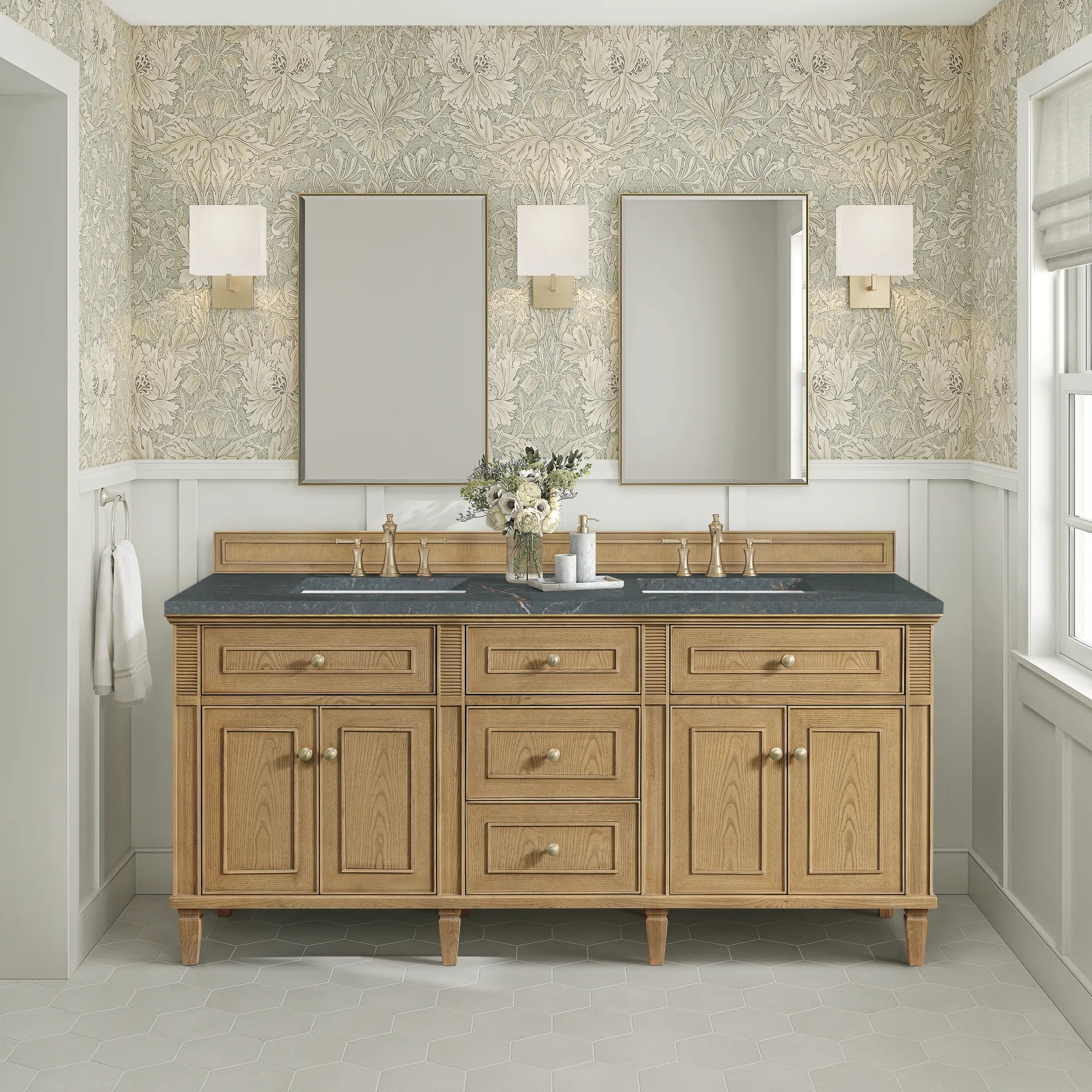 72" Lorelai Double Vanity in Light Natural Oak-Parisien Bleu Silestone-8" Widespread image 2