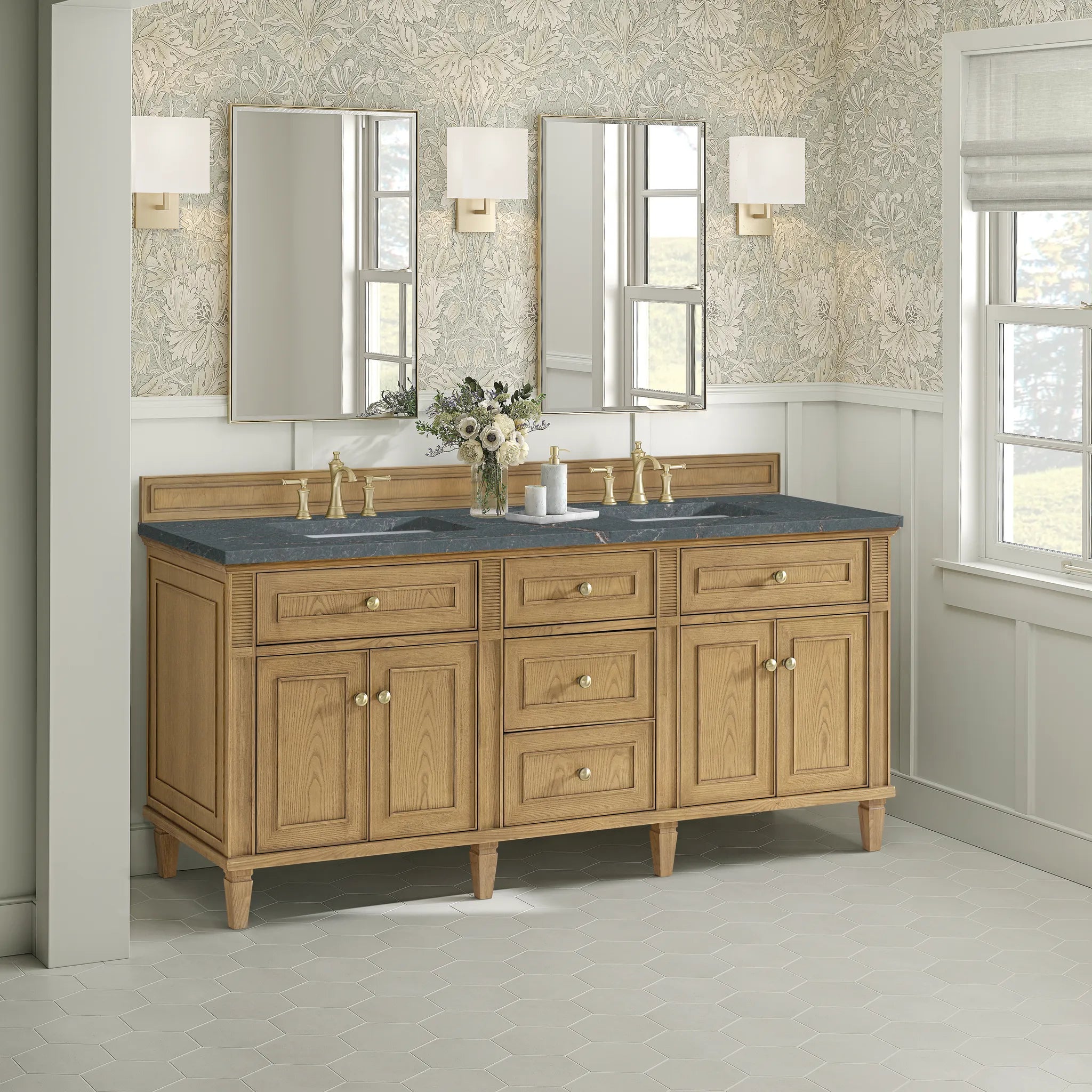 72" Lorelai Double Vanity in Light Natural Oak-Parisien Bleu Silestone-8" Widespread image 3