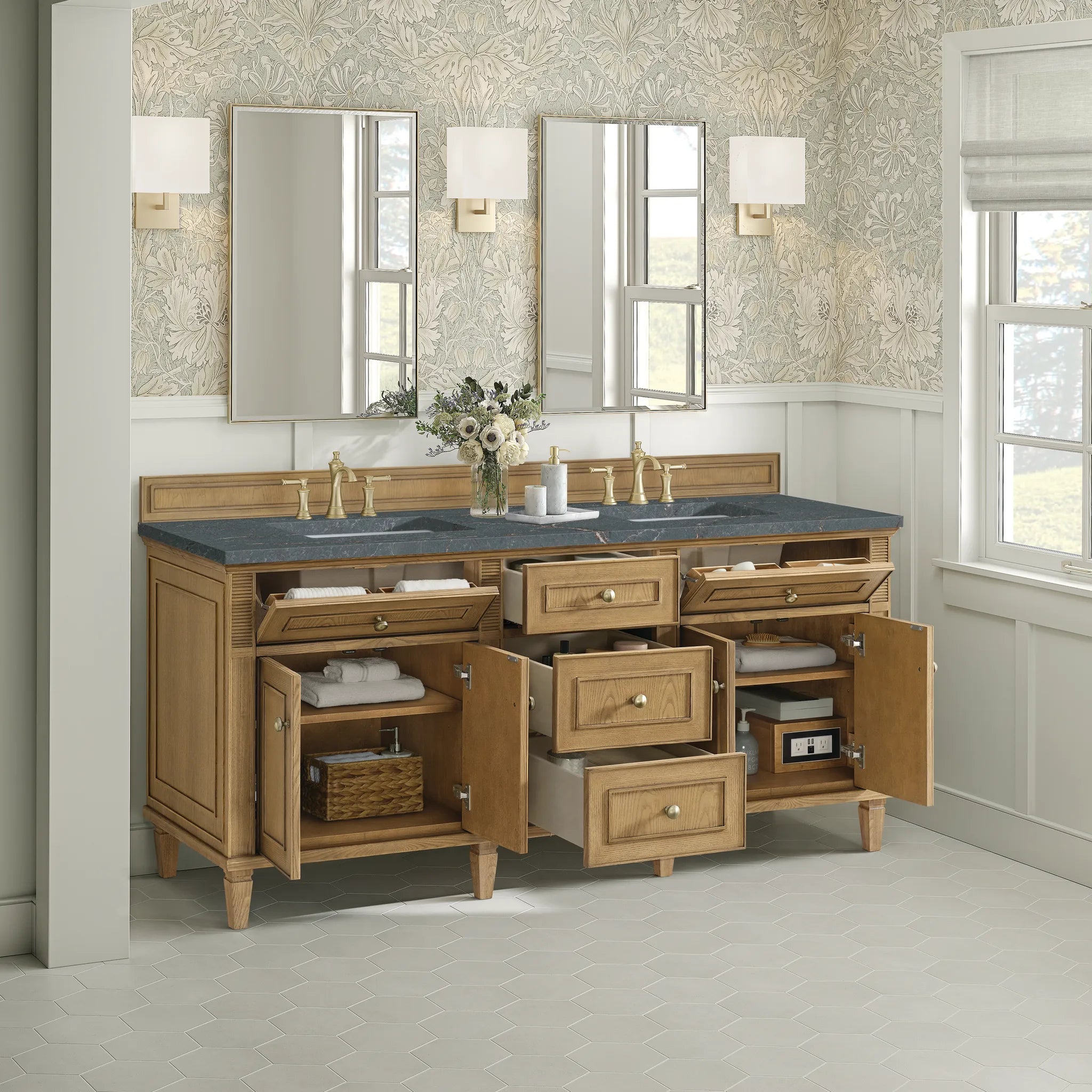 72" Lorelai Double Vanity in Light Natural Oak-Parisien Bleu Silestone-8" Widespread image 4