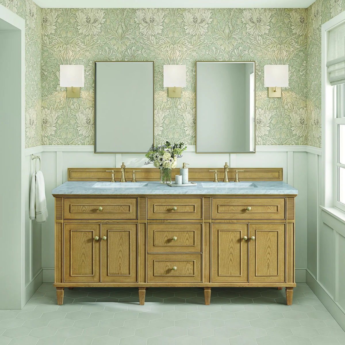 72 Lorelai Double Vanity In Light Natural Oak Standard Carrara White Marble 8 Widespread 3